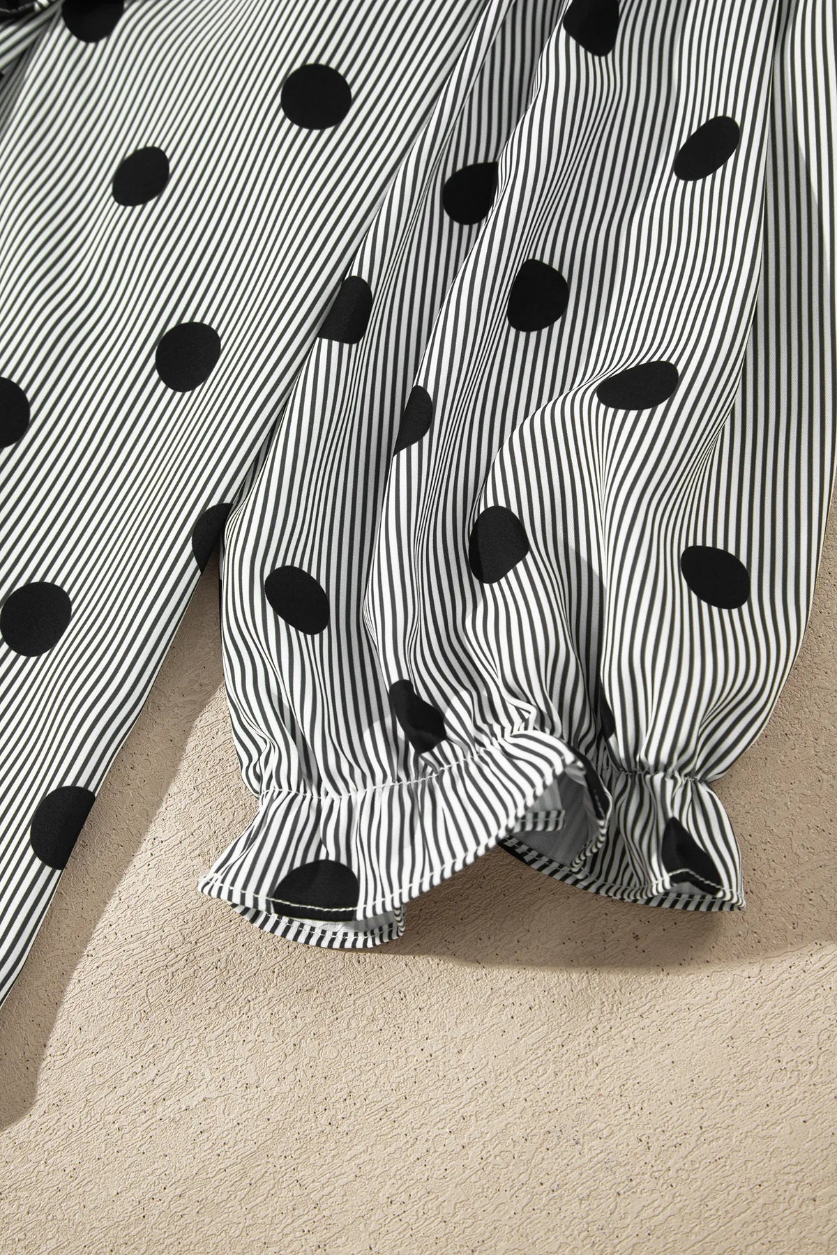 Polka Dot Striped Print Ruffle Stand Neck 3/4 Sleeve Shift Shirt – Black White