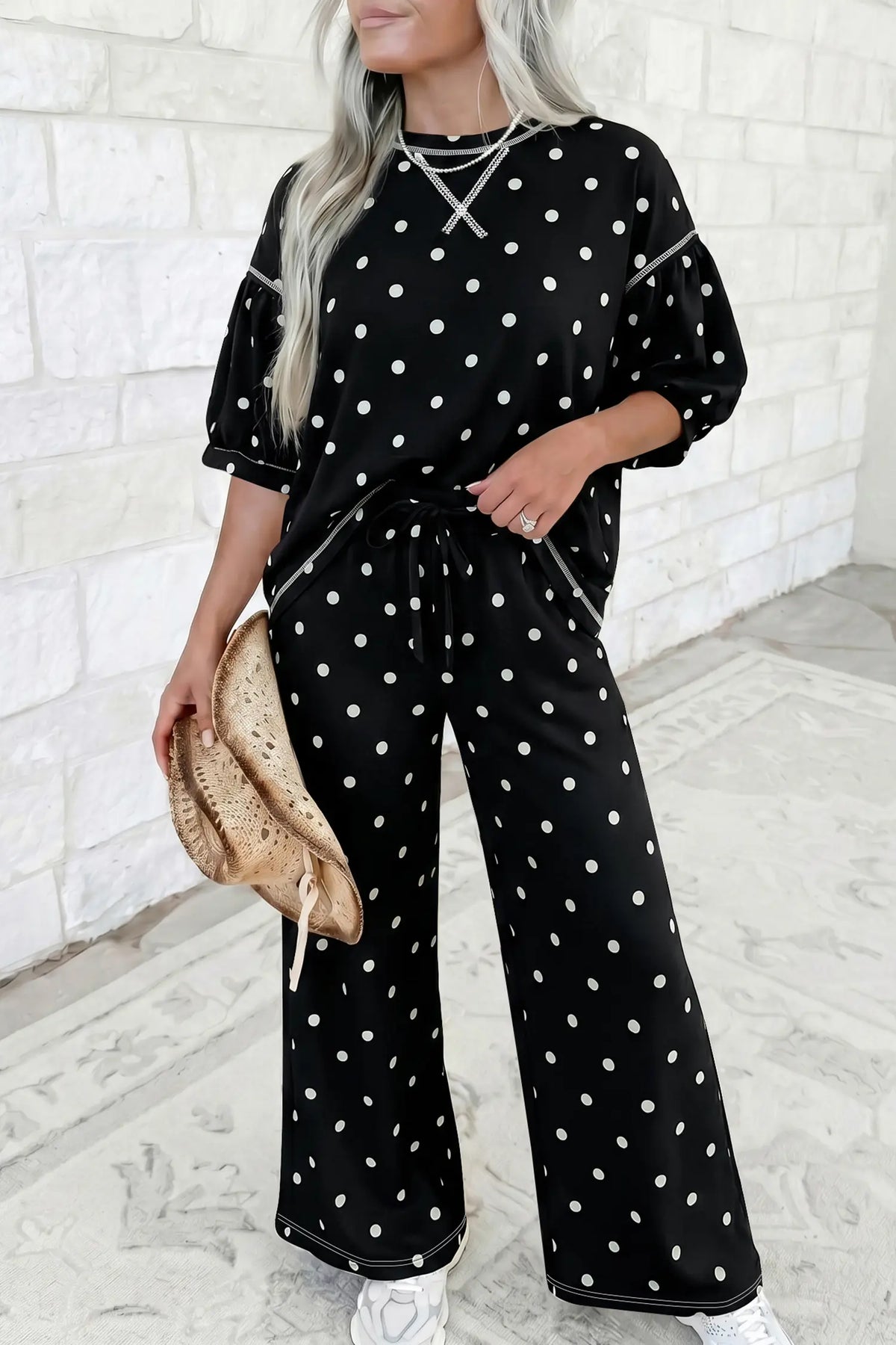 Polka Dot Half Sleeve Loose Top Elastic Waist Casual Pants Set – Beige