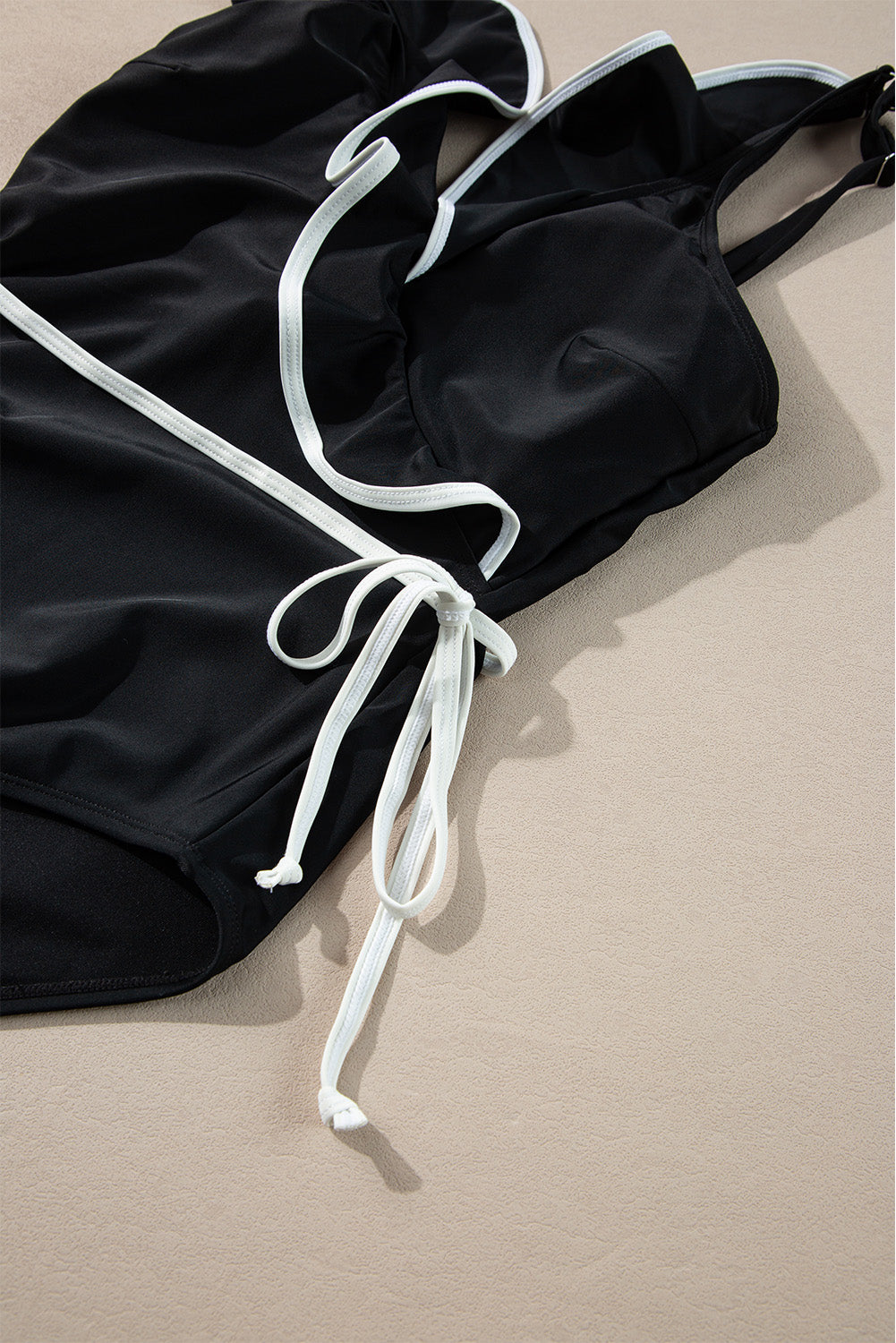 Black Colour Contrast Ruffled Wrap V Neck Swimsuit eAura