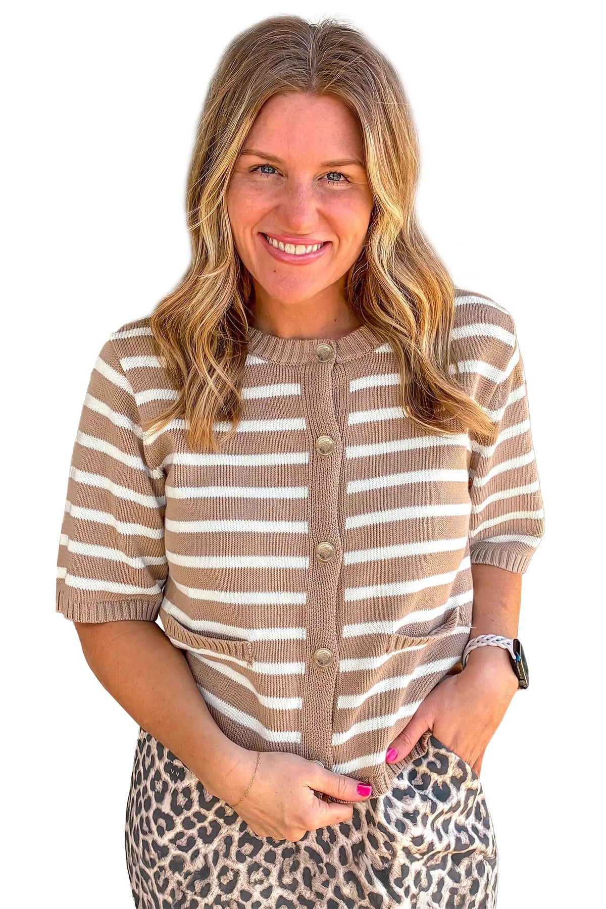Button Down Short Sleeve Knit Plus Size Cardigan – Khaki Stripe
