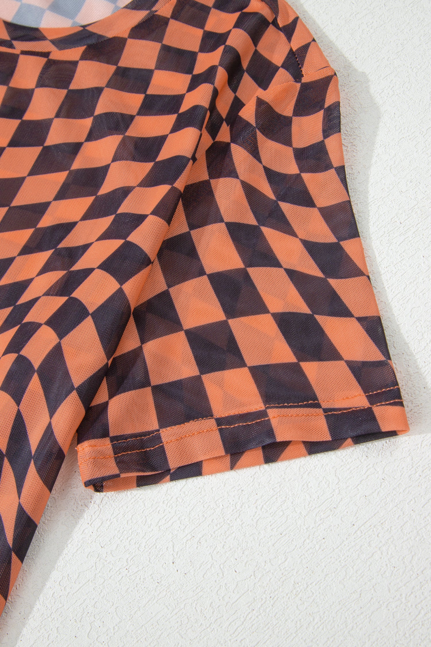 Checkered Print Crew Neck Mesh T-Shirt – Orange, Khaki, Black & Purple