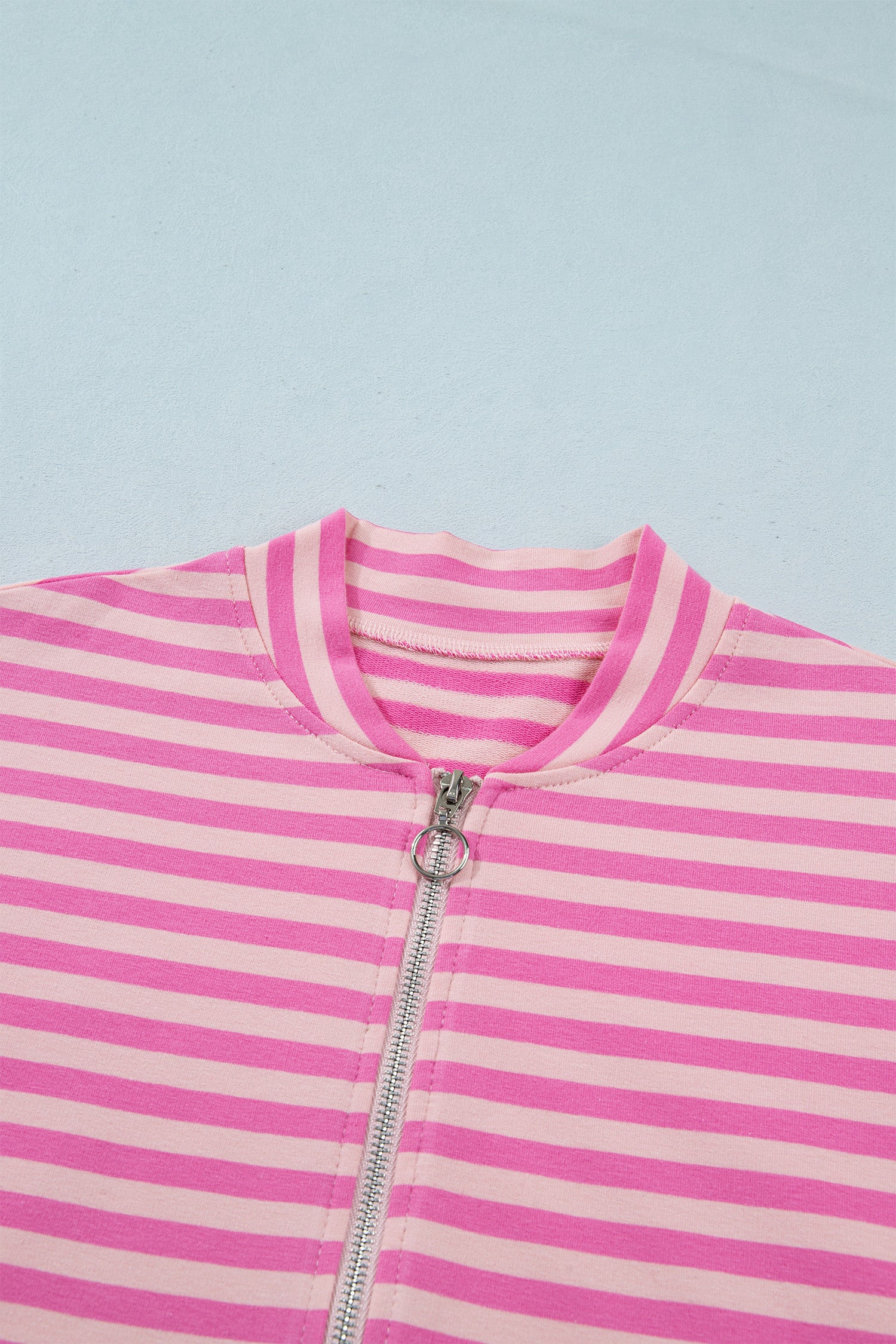 Zip-up Puff Sleeve Zip Jacket Sweatshirt – Pink Stripe