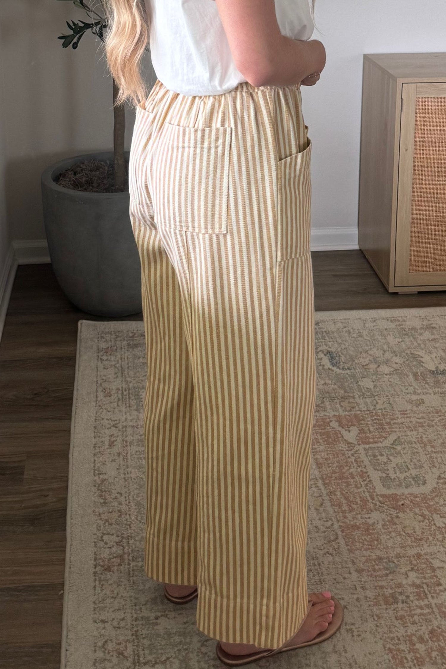 Ribbon Drawstring Waist Full-Length Shift Pant – Apricot Stripe