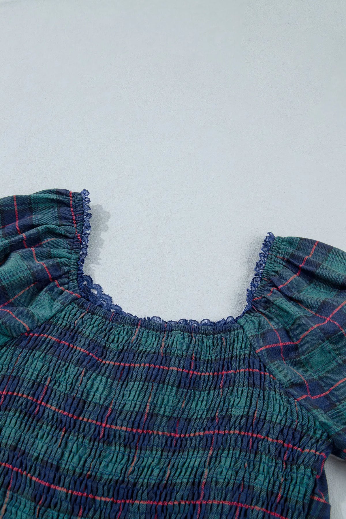 Vintage Plaid Square Neck Lace Trim Long Sleeve Shift Dress – Green