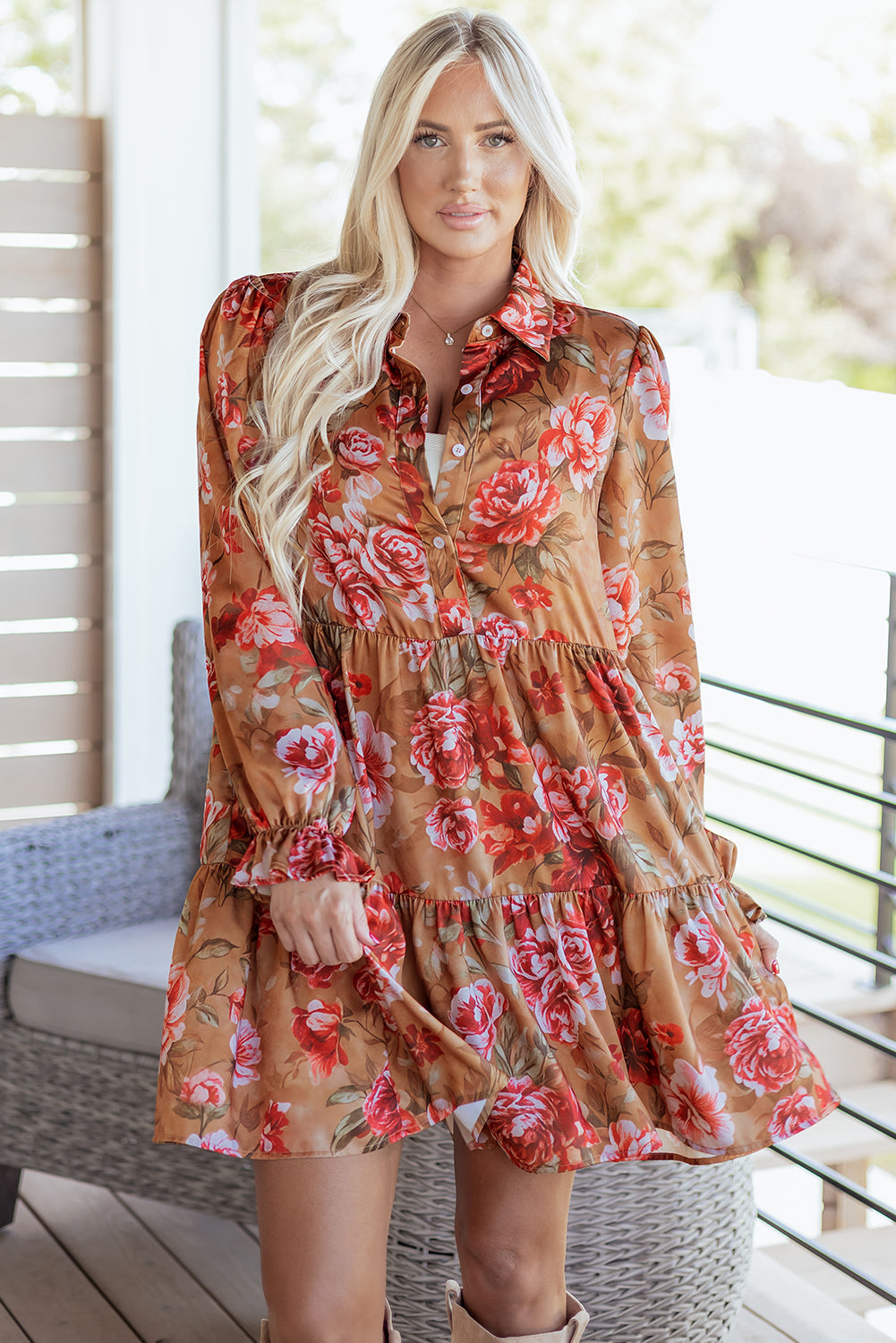 Floral Print Shirt Style Half Button Long Sleeve Ruffle Mini Dress - eAura