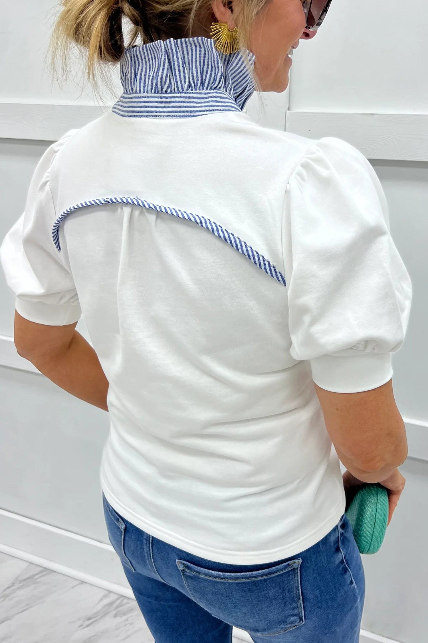 Striped Frilled Collar Short Sleeve Blouse