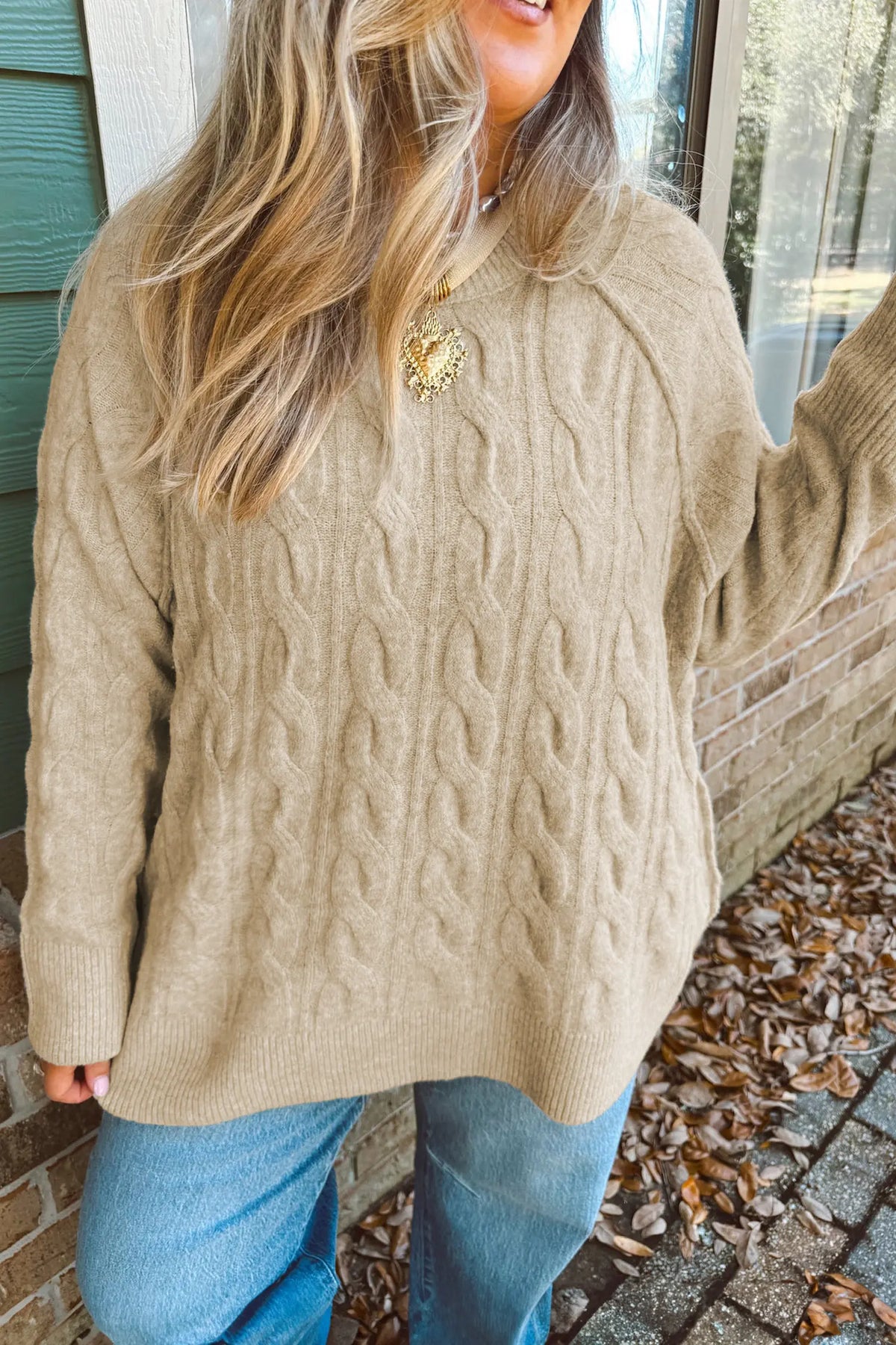 Oversized Cable Knit Long Sleeve Round Neck Tunic Length Plus Size Sweater – Parchment