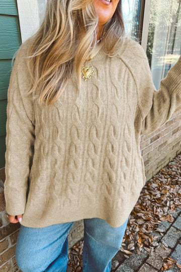 Oversized Cable Knit Long Sleeve Round Neck Tunic Length Plus Size Sweater – Parchment