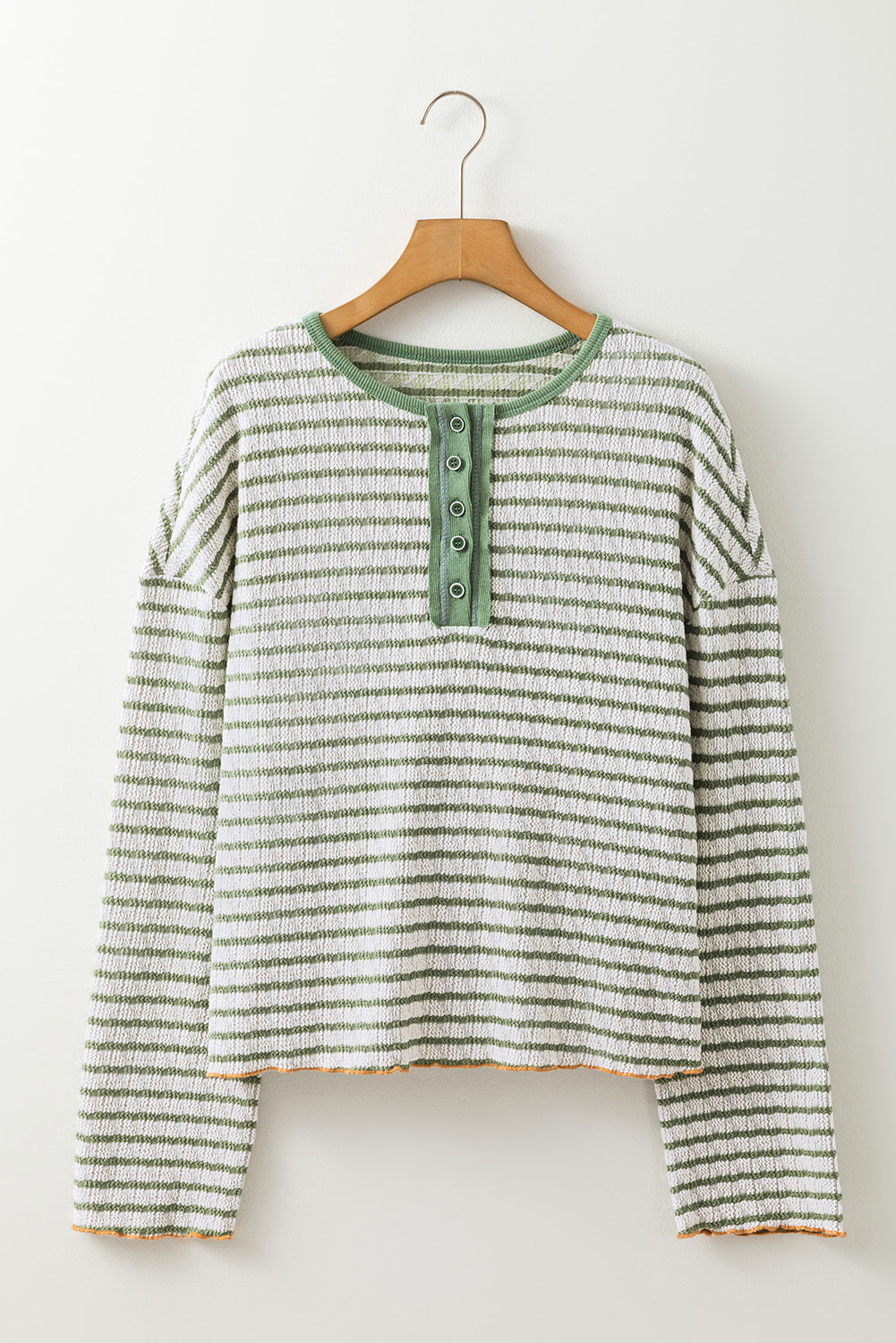 Green Stripe Textured Frilly Trim Buttons Henley Long Sleeve Top eAura