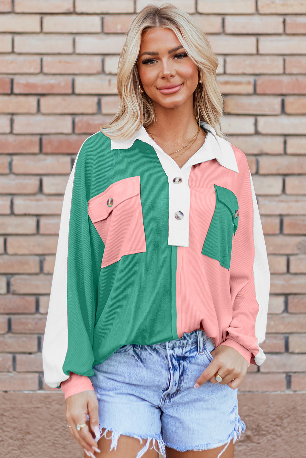 Pink Colourblock Ribbed Collared Oversized Sweatshirt eAura