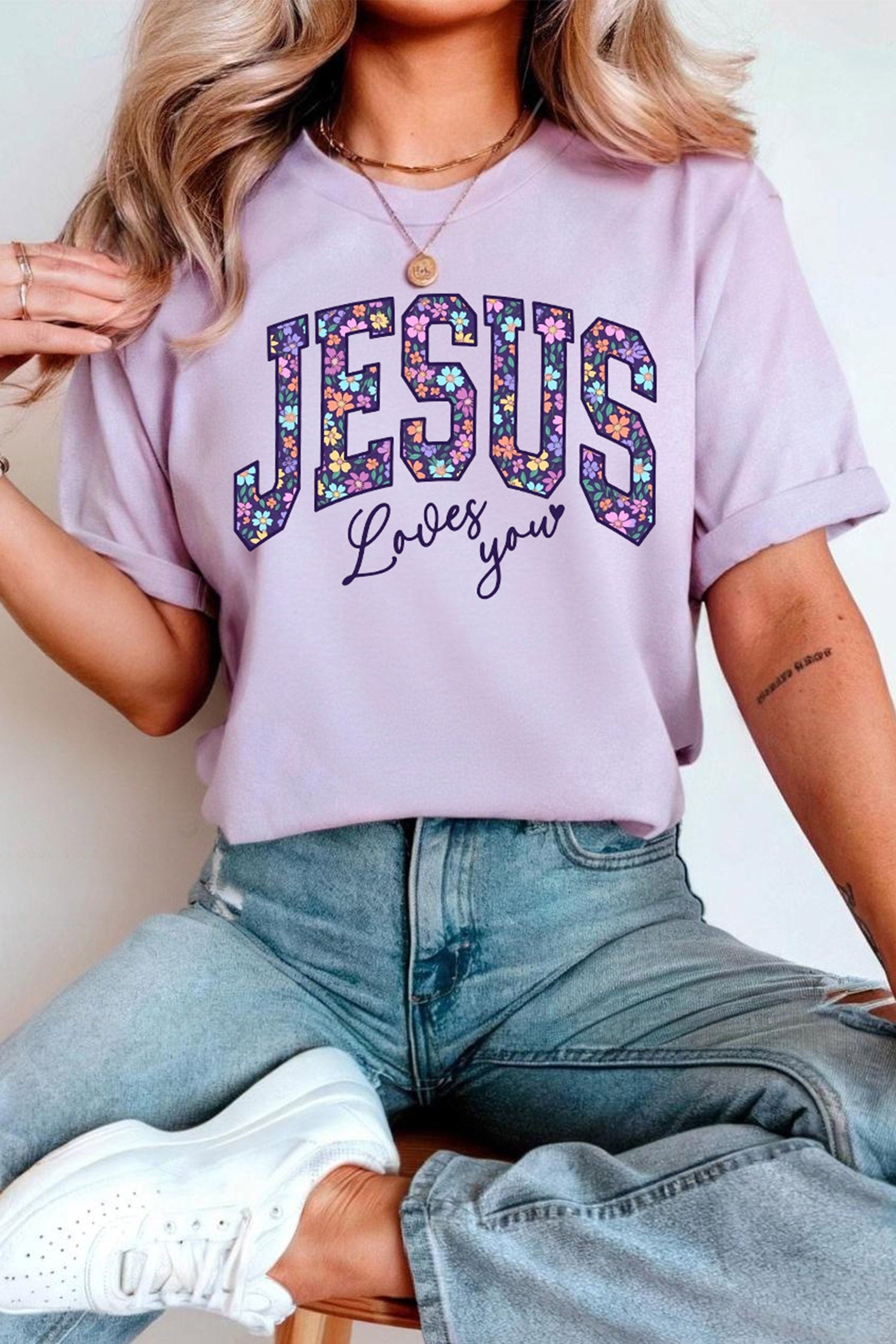 Christian Floral Letter Graphic Round Neck T Shirt – Orchid Petal