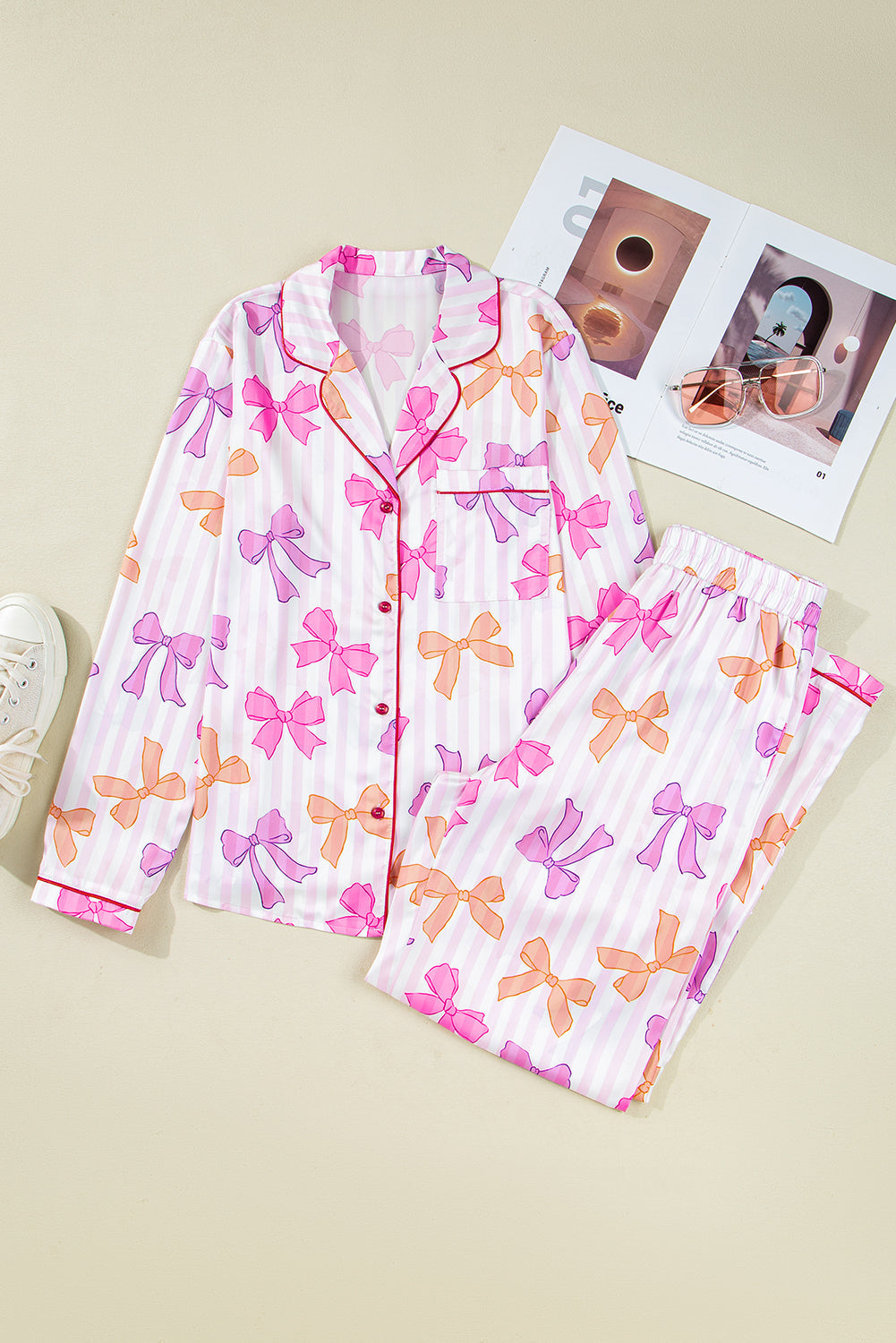 Pink Striped Bow Print Contrast Piping Trim Shirt and Bottoms Pyjama Set eAura