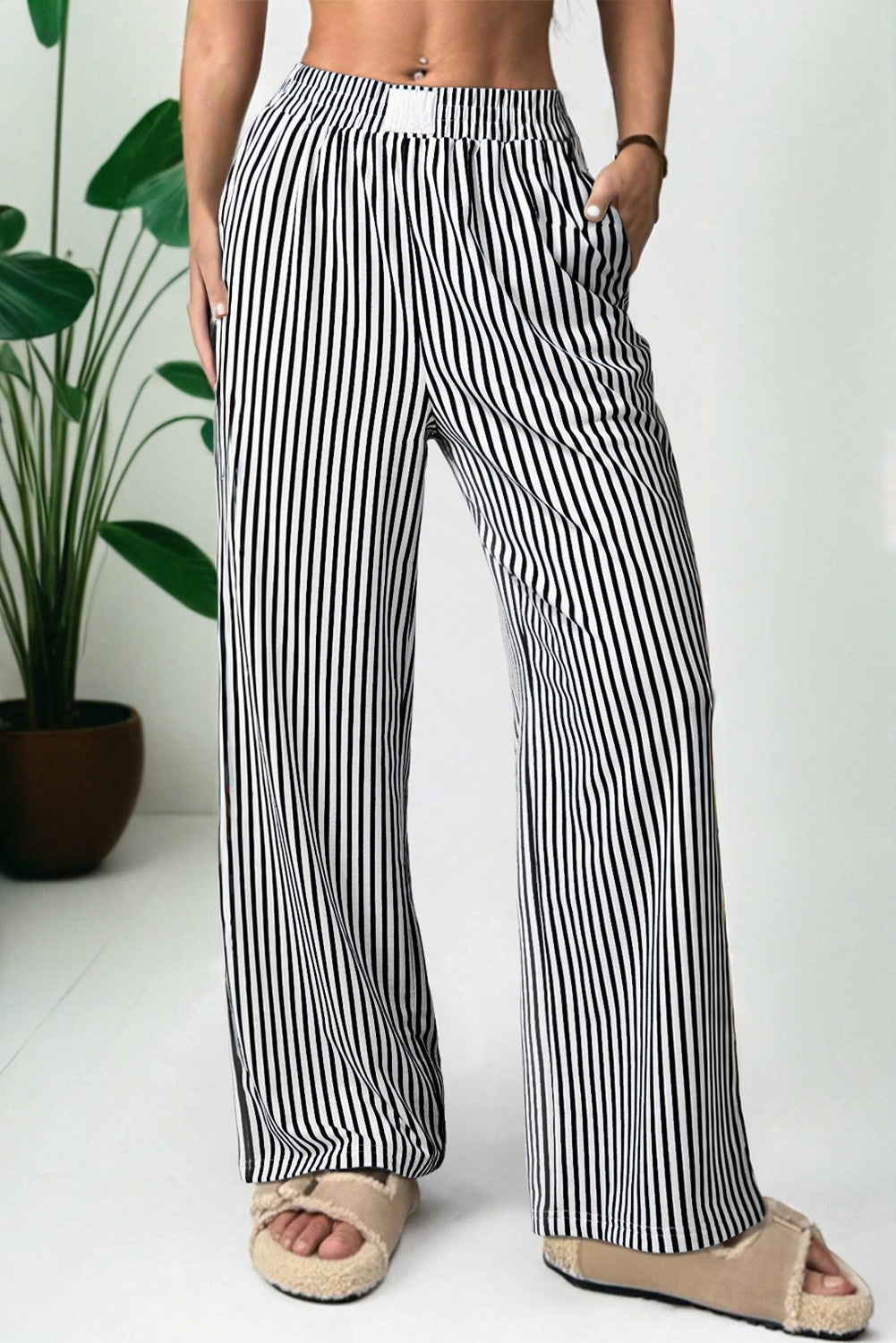 Striped Elastic High Waist Pocketed Loose Trousers - Black / S - Bottoms/Pants & Culotte