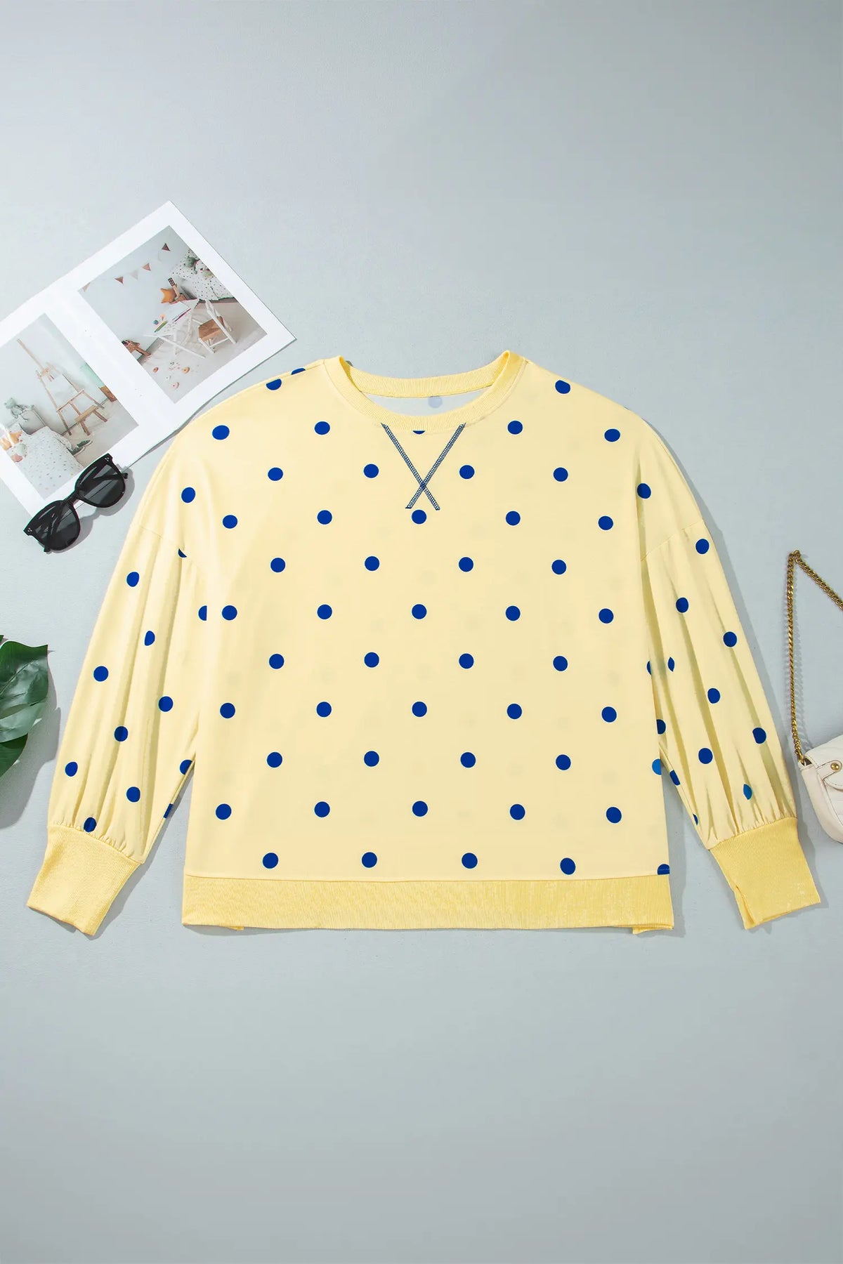 Round Neck Long Sleeve Polka Dot Plus Size Top – Beige