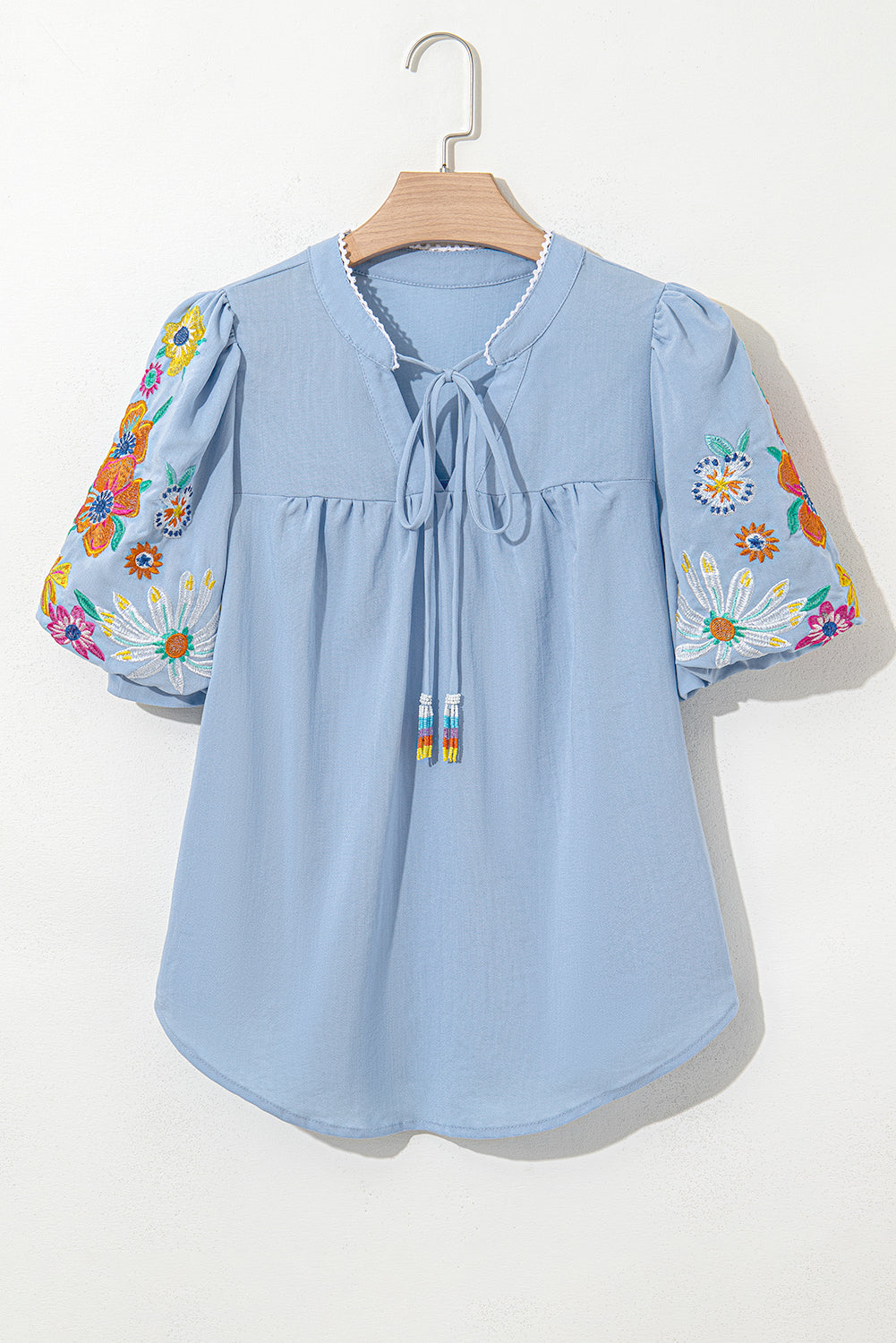 Floral Embroidered Puff Sleeve Split Neck Blouse eAura