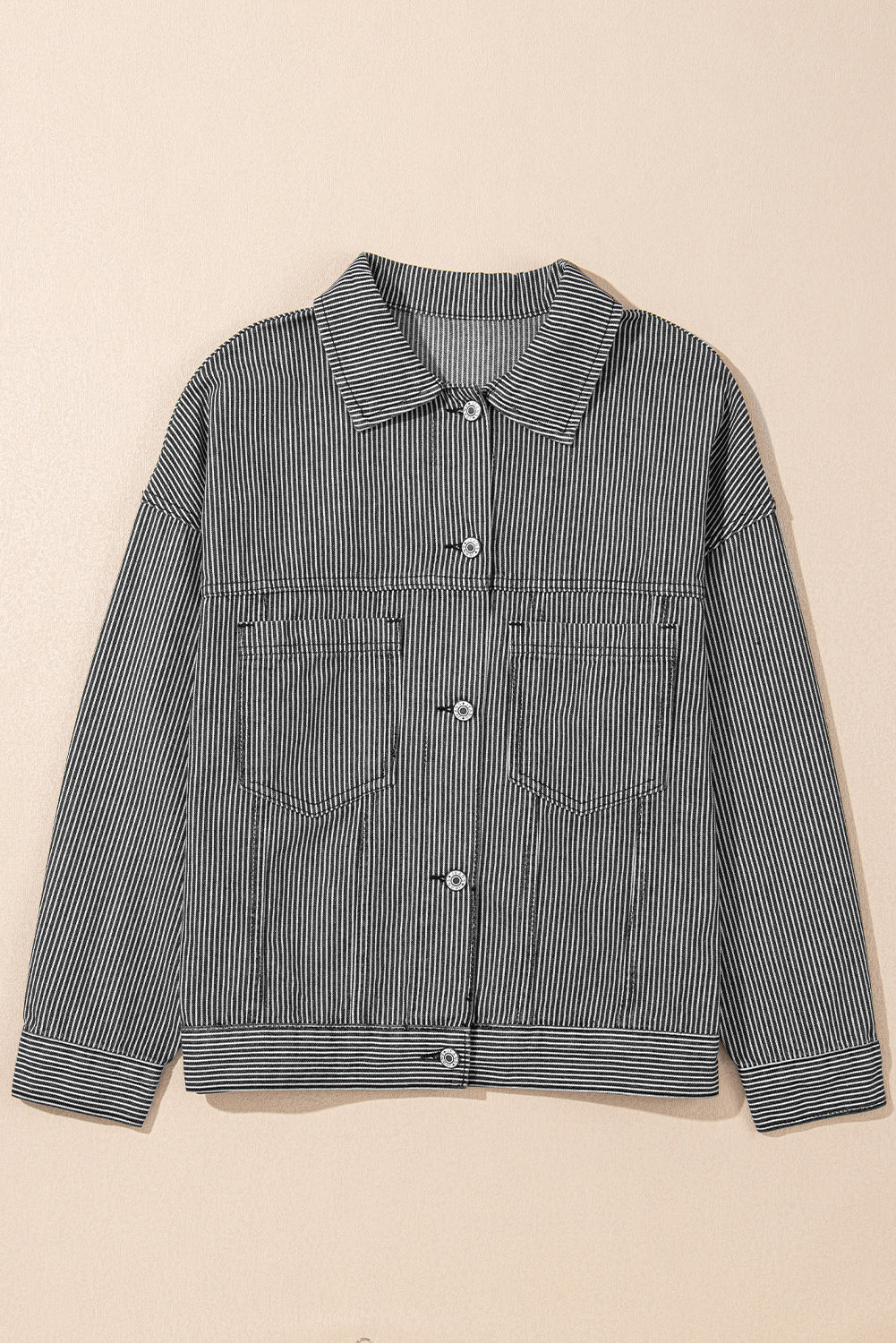 Blue Stripe Washed Oversize Pocketed Denim Jacket Beagle Boutique Fashion Outlet