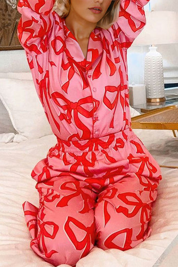 Pink 2pcs Bow Print Shirt Style Long Sleeve Pyjama Set BB Fashion Outlet