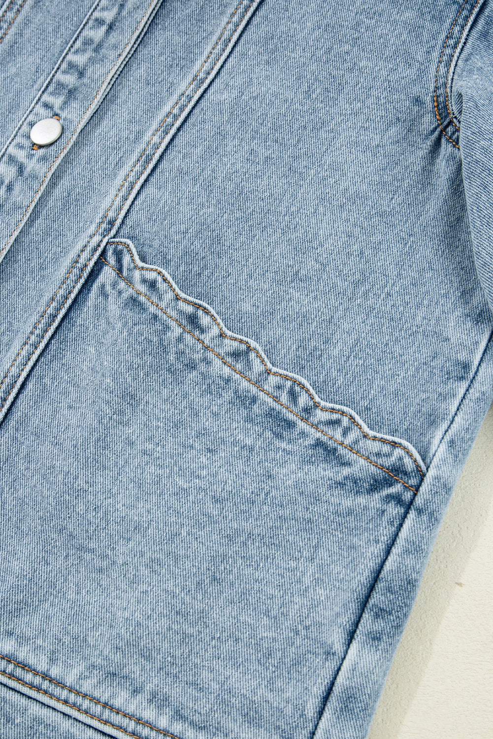 Scallop Trim Collar Patched Pocket Button Up Denim Jacket eAura