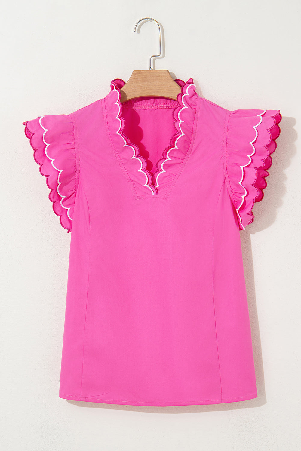 Bright Pink Scallop Trim Short Sleeve V Neck Top eAura