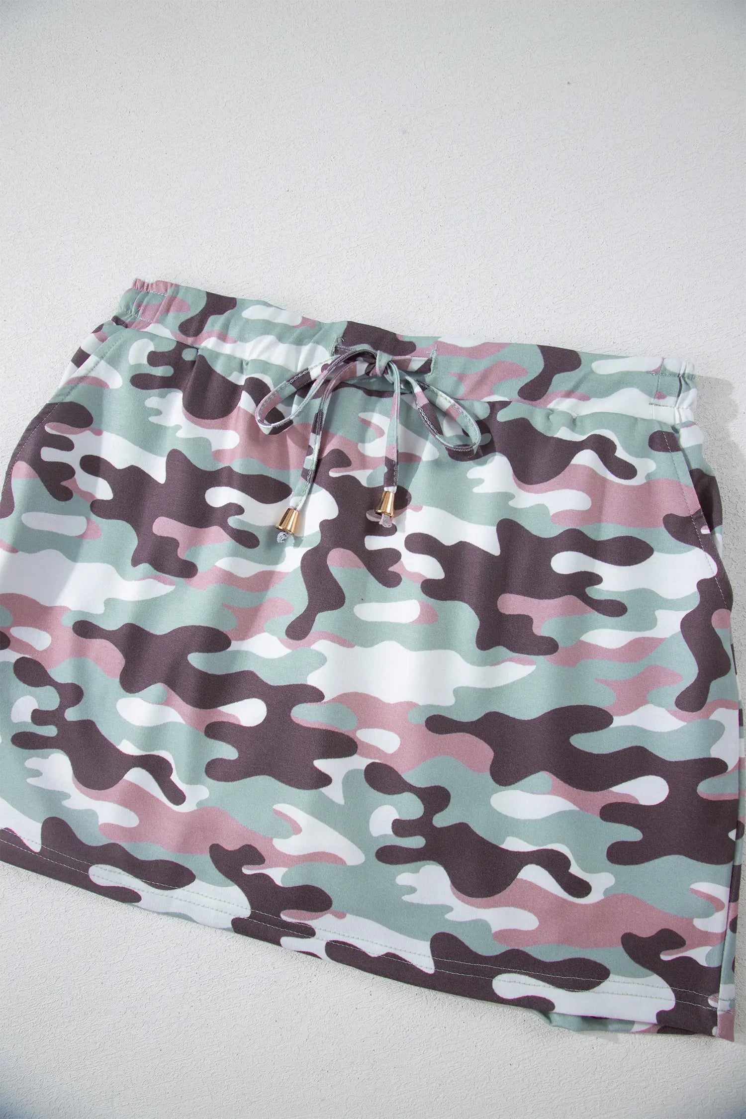 Green Camouflage Print Drawstring Casual Mini Skort