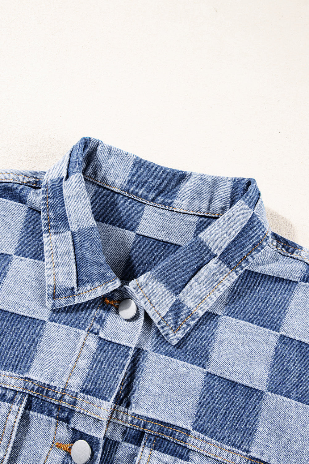 Light Blue Checkered Patchwork Button up Denim Jacket Beagle Boutique Fashion Outlet