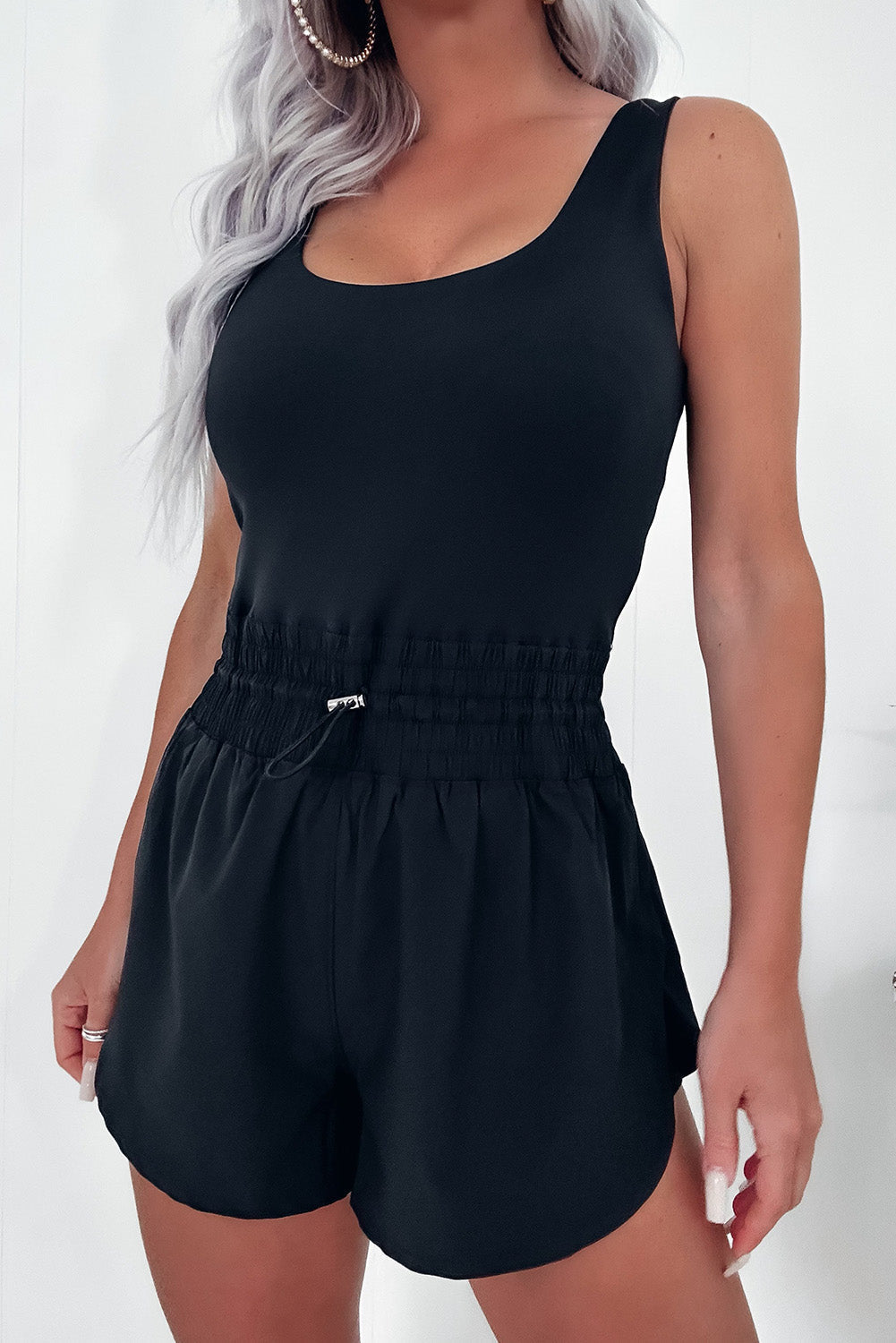 Plain Sleeveless Loop Drawstring Cinched Waist Romper eAura