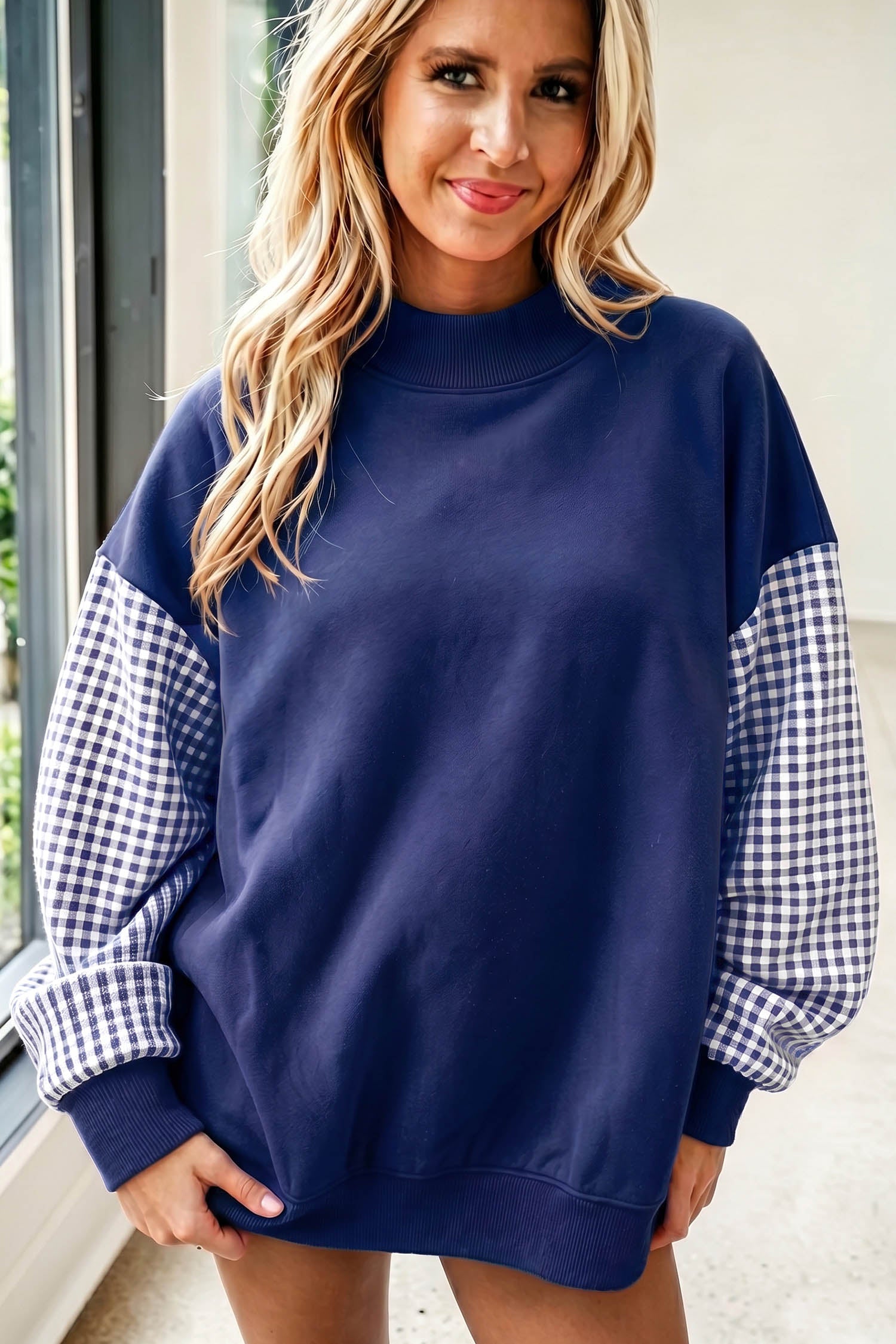 Plaid Sleeve Colorblock Loose Tunic Sweatshirt – Fiery Red