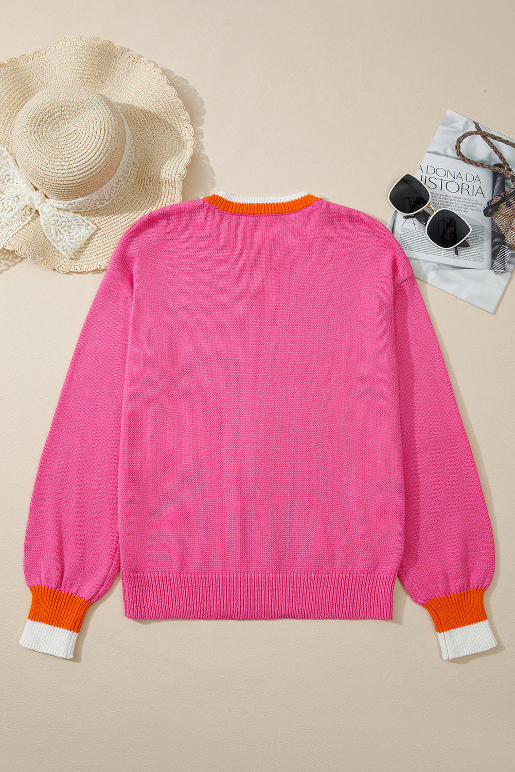Contrast Crew Neck Pearled Decor Knit Sweater - eAura