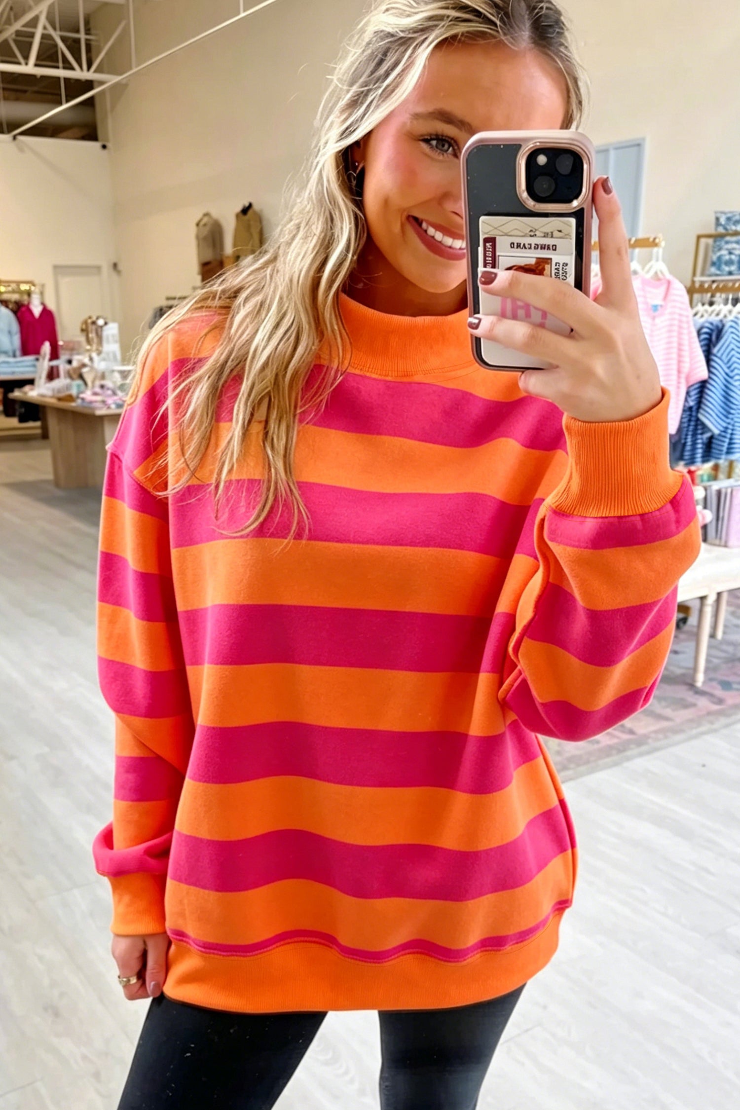 Colorblock Mock Neck Relaxed Sweatshirt – Blue Stripe