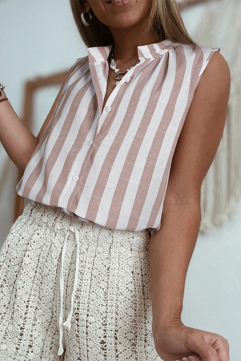 Khaki Stripe Casual Button Down Sleeveless Shirt eAura