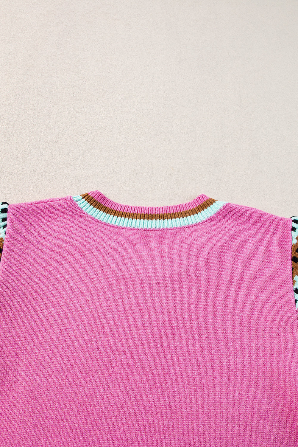 Bright Pink Contrast Printed Cap Sleeves Crewneck Sweater eAura