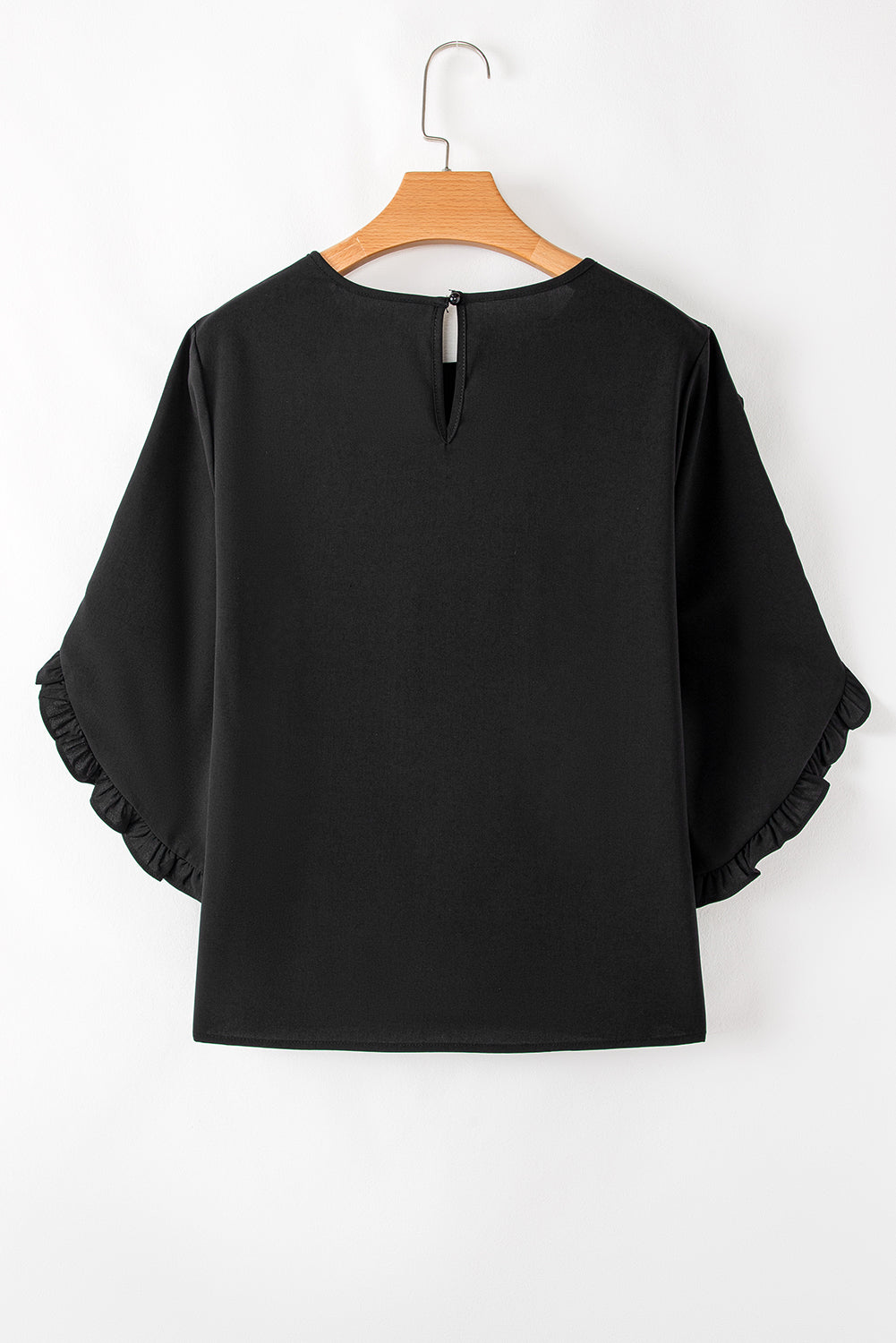 Ruffle Trimmed 3/4 Sleeve Round Neck Blouse eAura