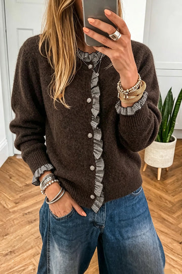 Cardigan Patchwork Ruffle Trim Button Sweater