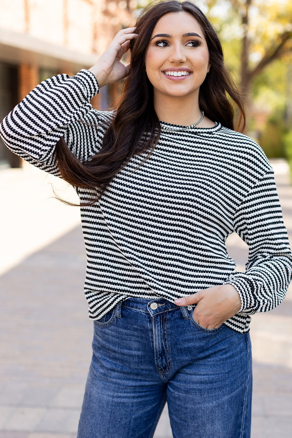 Rose Stripe Round Neck Drop Shoulder Long Sleeve Top Beagle Boutique Fashion Outlet