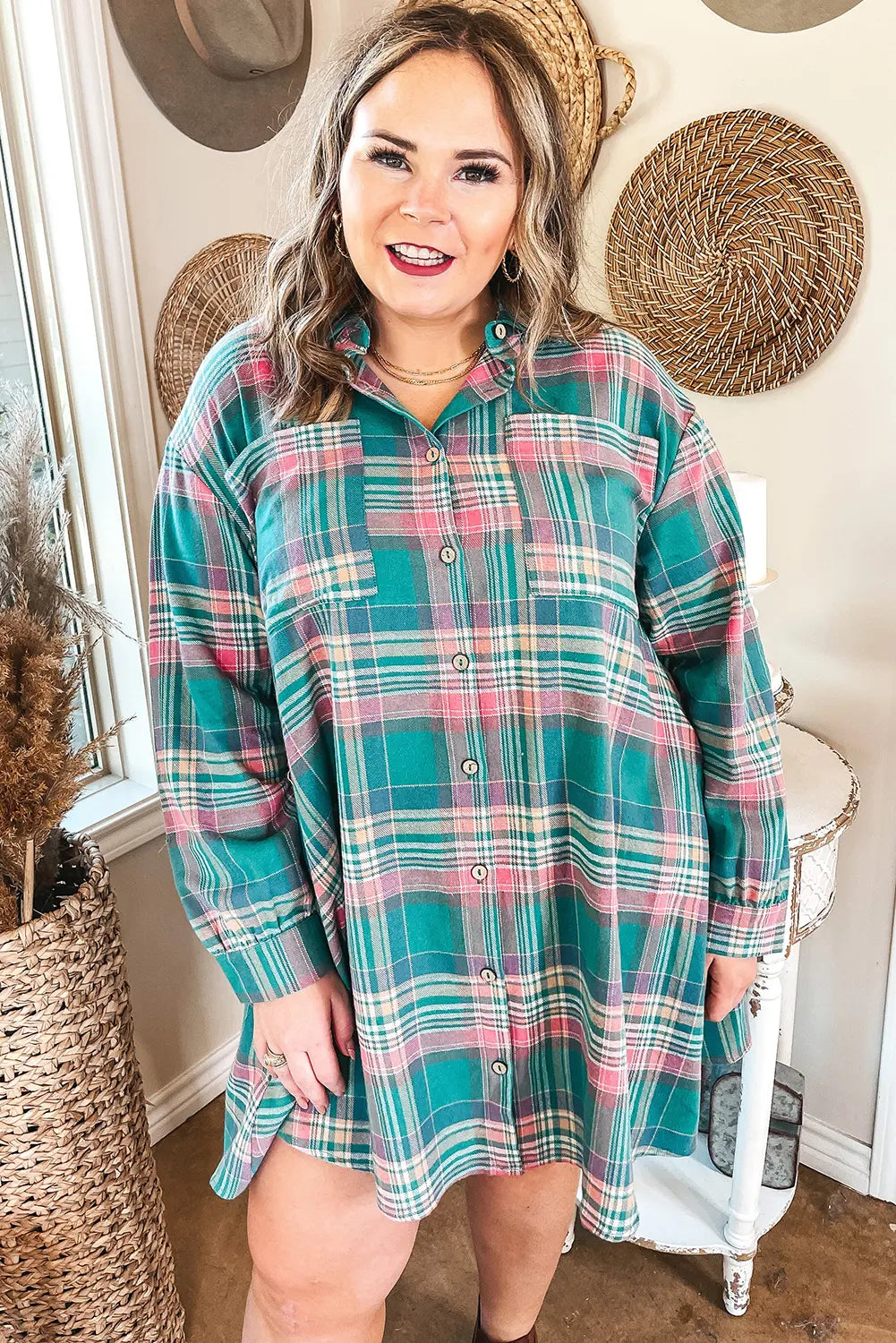Plaid Button-Up Shift Long Sleeve V Neck Plus Size Dress – Green
