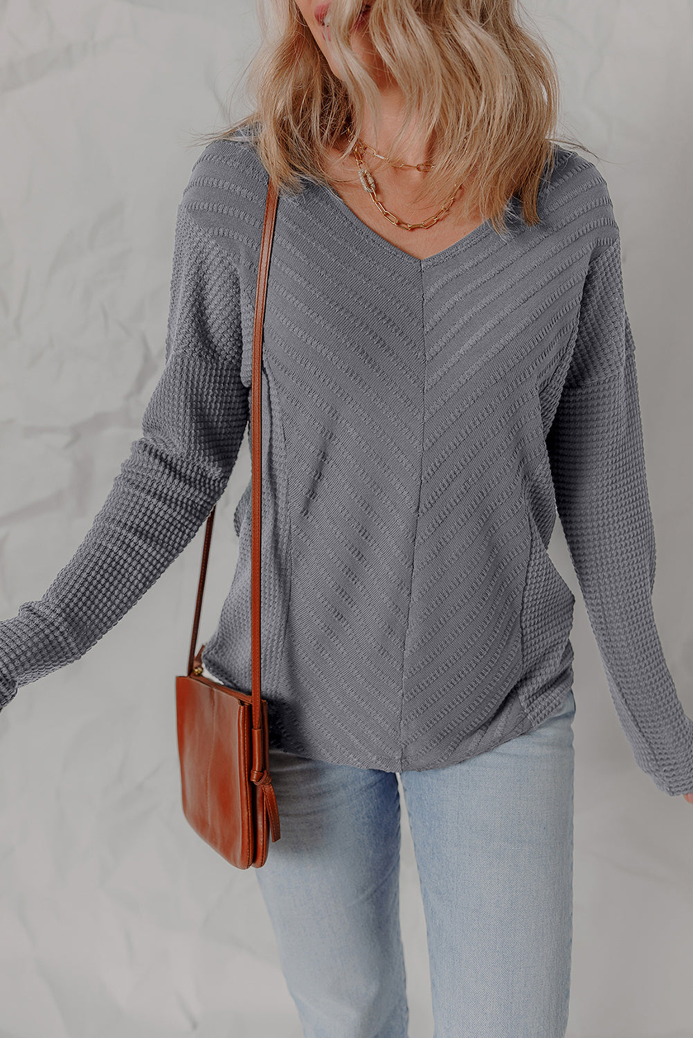 V-Neck Chevron Textured Long Sleeve Top - eAura