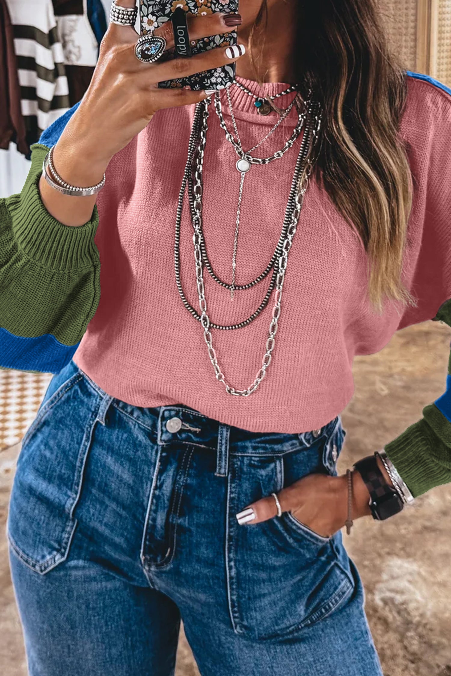 Western Colorblock Patchwork Striped Long Sleeve Pullover Sweater – Multicolour