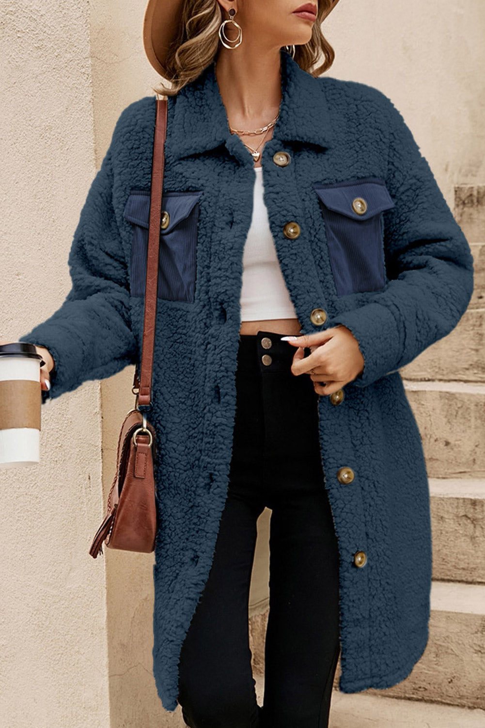 Blue Contrast Flap Pocket Single Breasted Teddy Coat Dear-Lover Dropshipping
