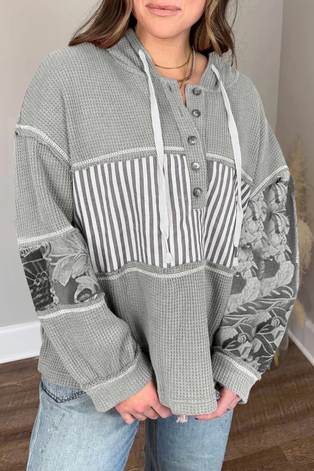 Gray Mixed Pattern Waffle Knit Patchwork Half Buttons Plus Hooded Top Dear-Lover Dropshipping