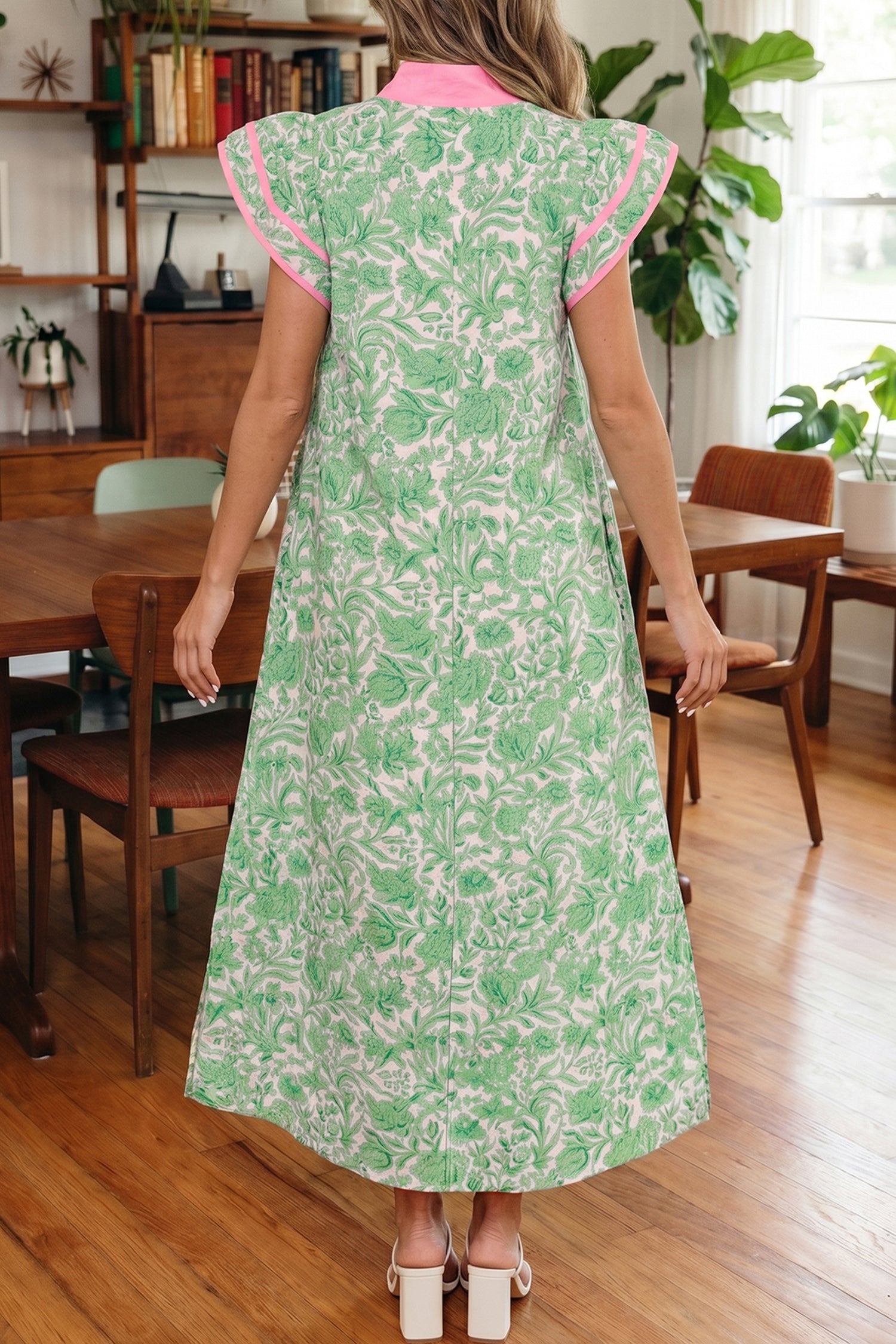 Floral Print Colour Block Patchwork V-Neck Short Sleeve Midi Dress