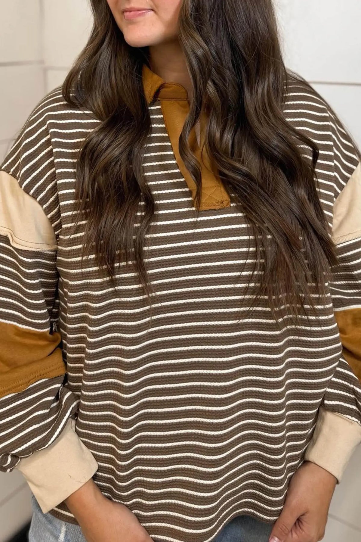 Colourblock Detail Collar V Neck Plus Size Long Sleeve Top – Brown Stripe