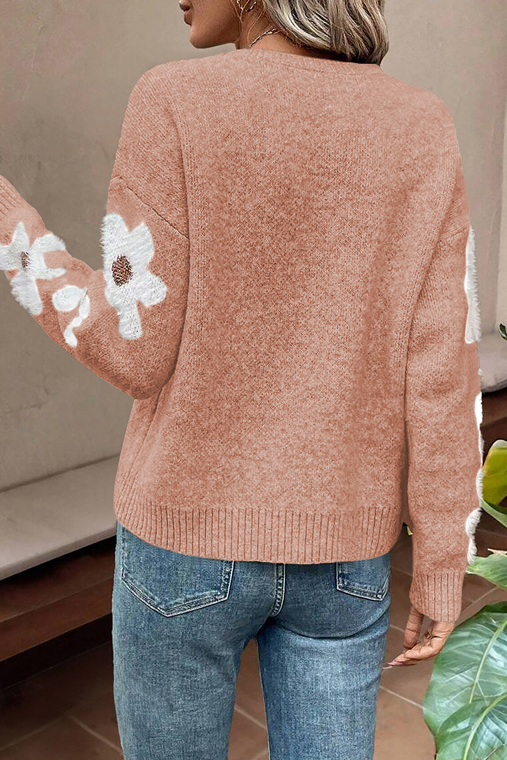 Light Grey Flower Sleeve Drop Shoulder Sweater eAura