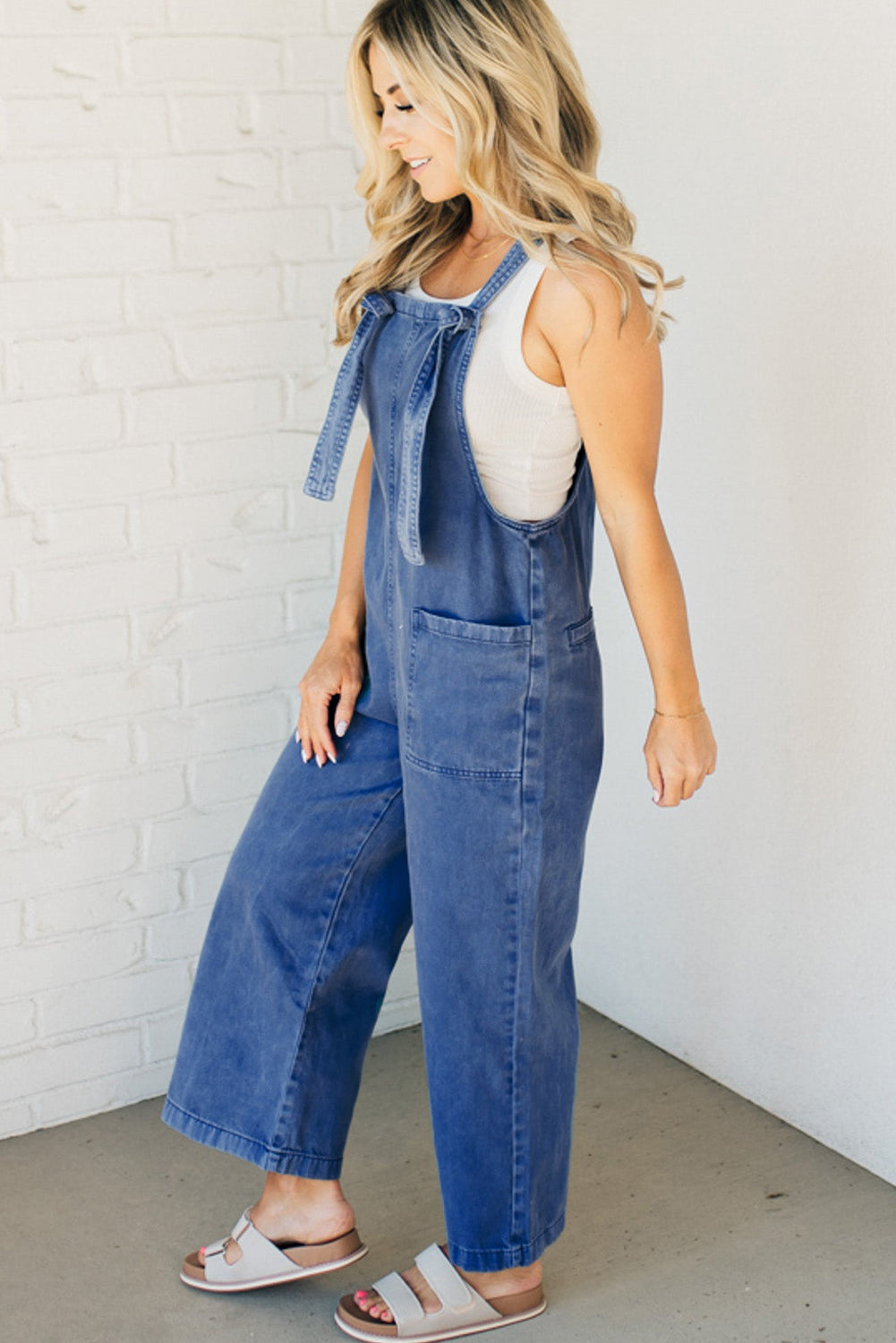 Blue Mineral Wash Knot Strap Patched Pocket Wide Leg Denim Overalls Dungarees BB Fashion Outlet
