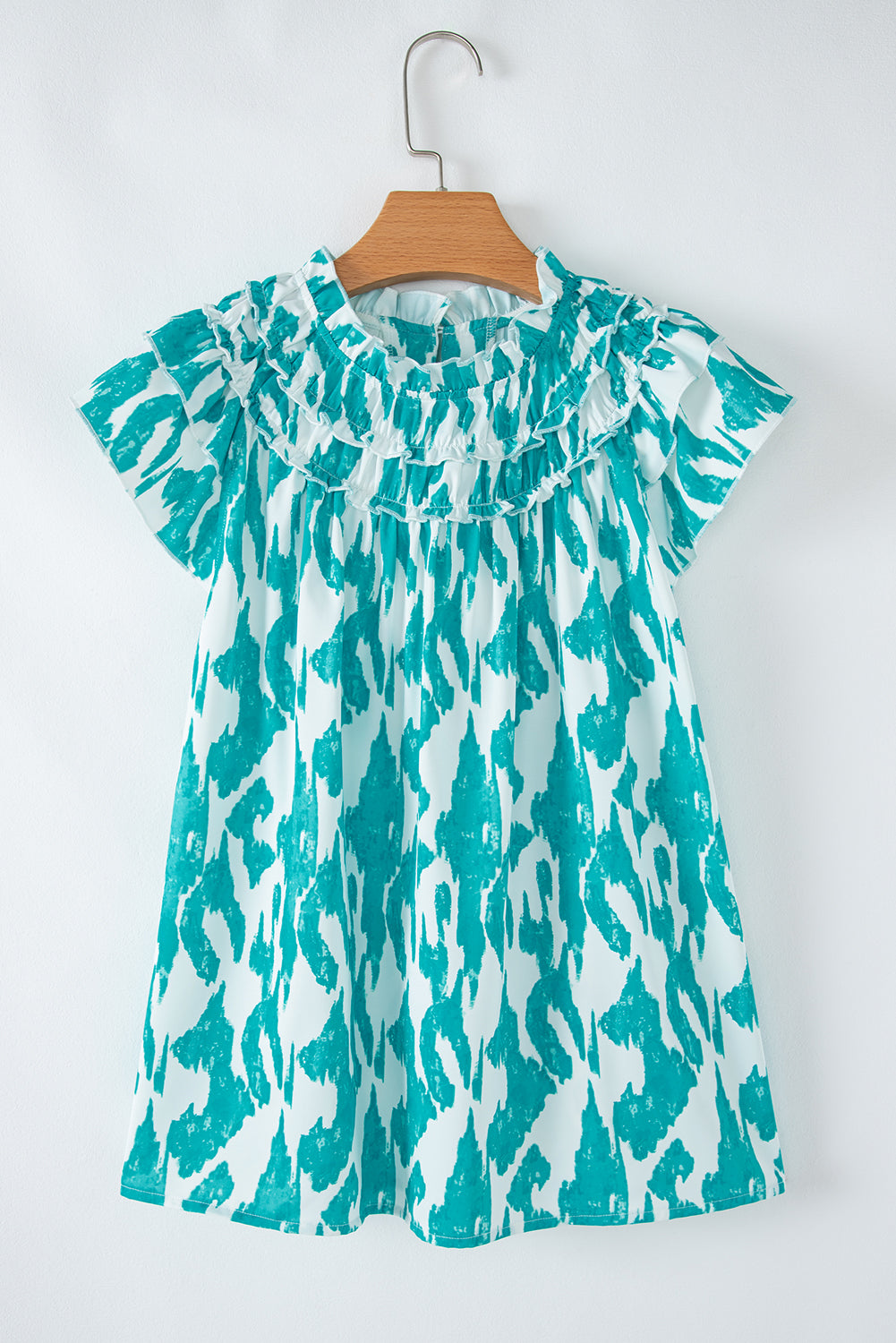 Sky Blue Abstract Print Frilled Crewneck Loose Fit Blouse eAura