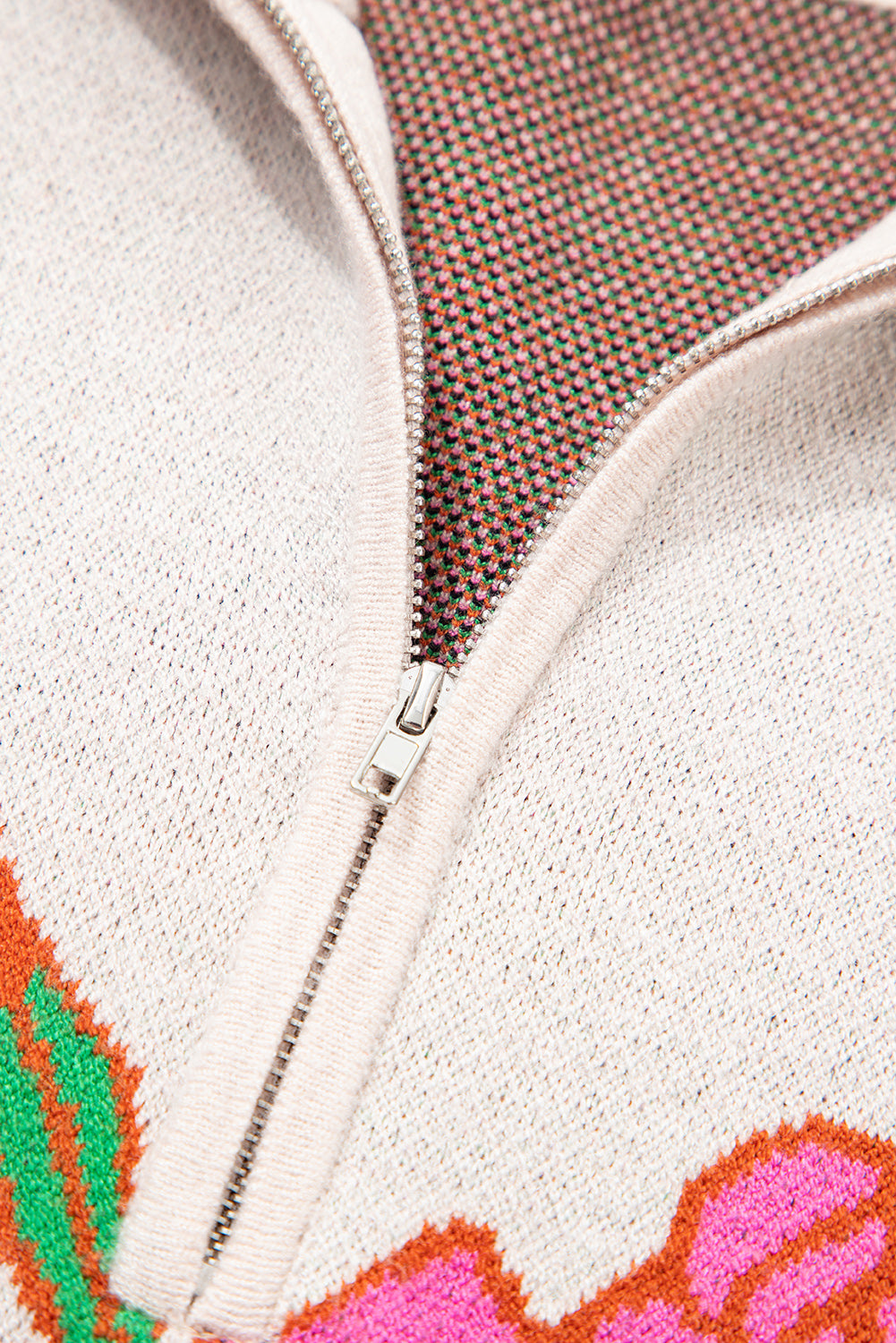 Floral Pattern Knit Quarter Zip Stand Neck Sweater - Sweaters & Cardigans/Sweaters