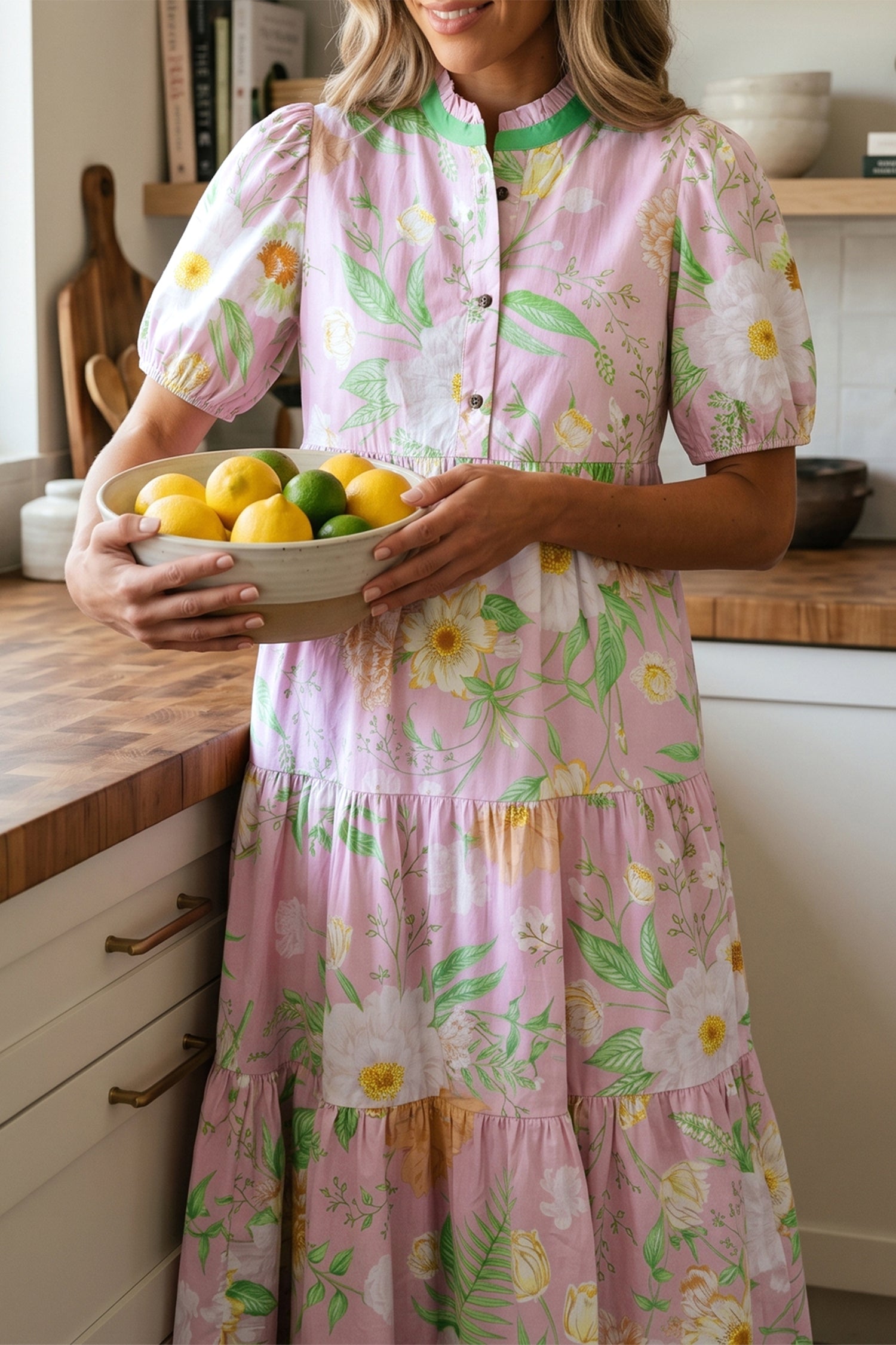 Floral Print Short Puff Sleeve High Waist Tiered Maxi Dress – Pink
