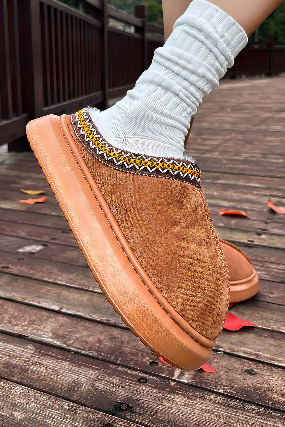 Chestnut Contrast Edge Suede Plush Lined Thick Sole Winter Slippers BB Fashion Outlet