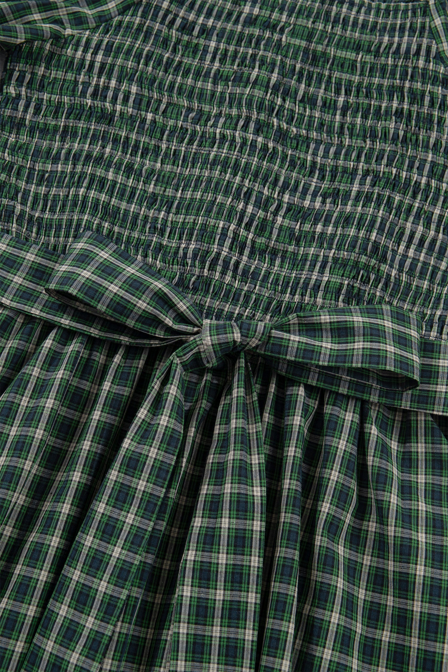 Plaid Square Neck Shirred High Waist Ruffle Hem Dress – Green