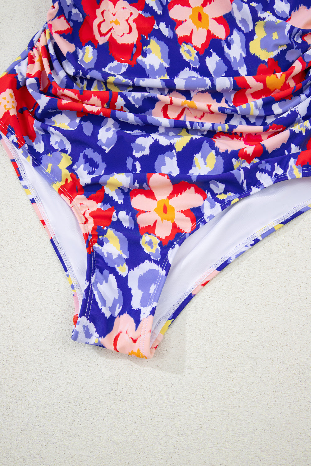 Blue Floral Ruffle Trim V Neck Lace-up Back Tummy Control One Piece Swimsuit eAura