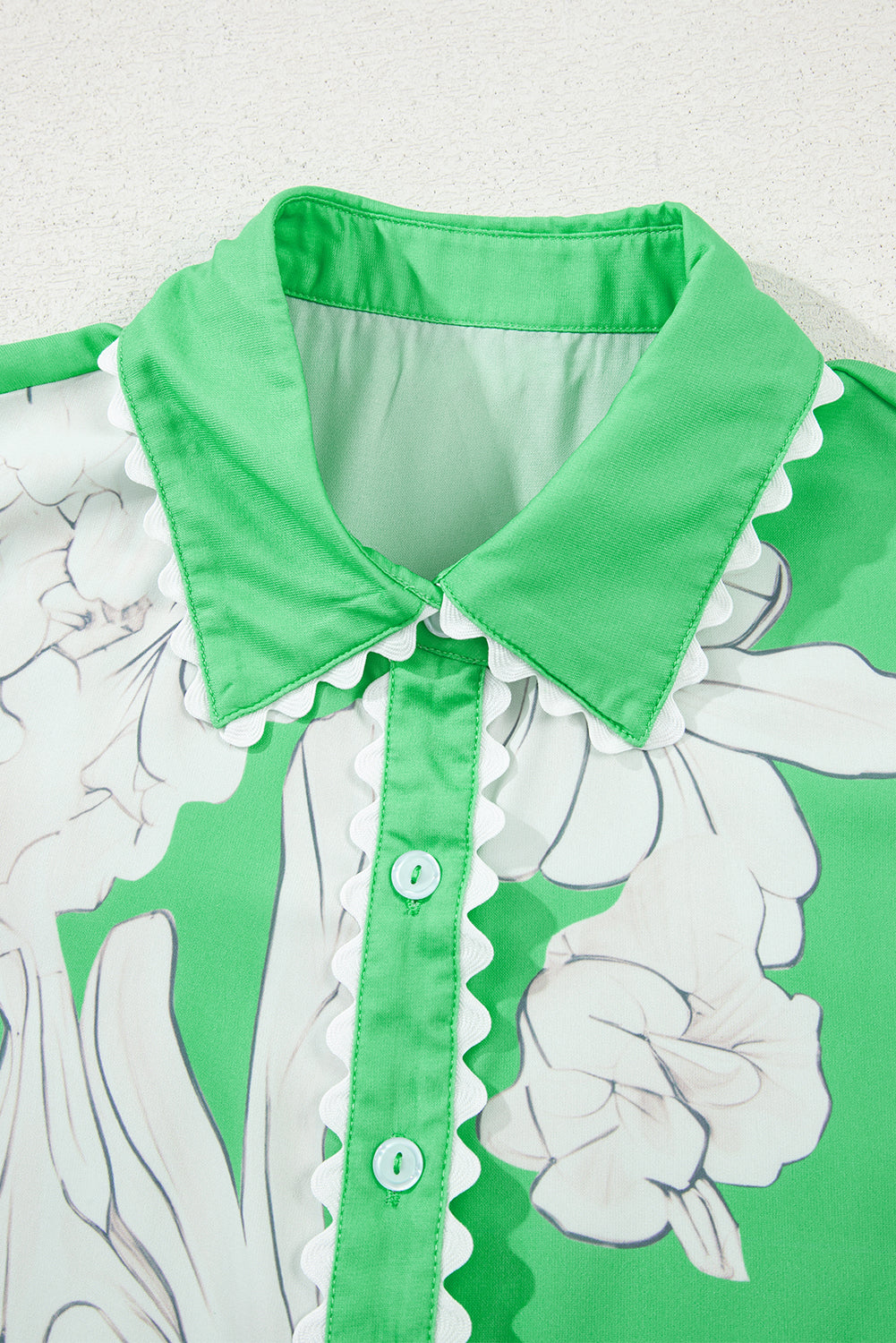 Green Floral Ric Rac Edge Puff Short Sleeve Shirt eAura